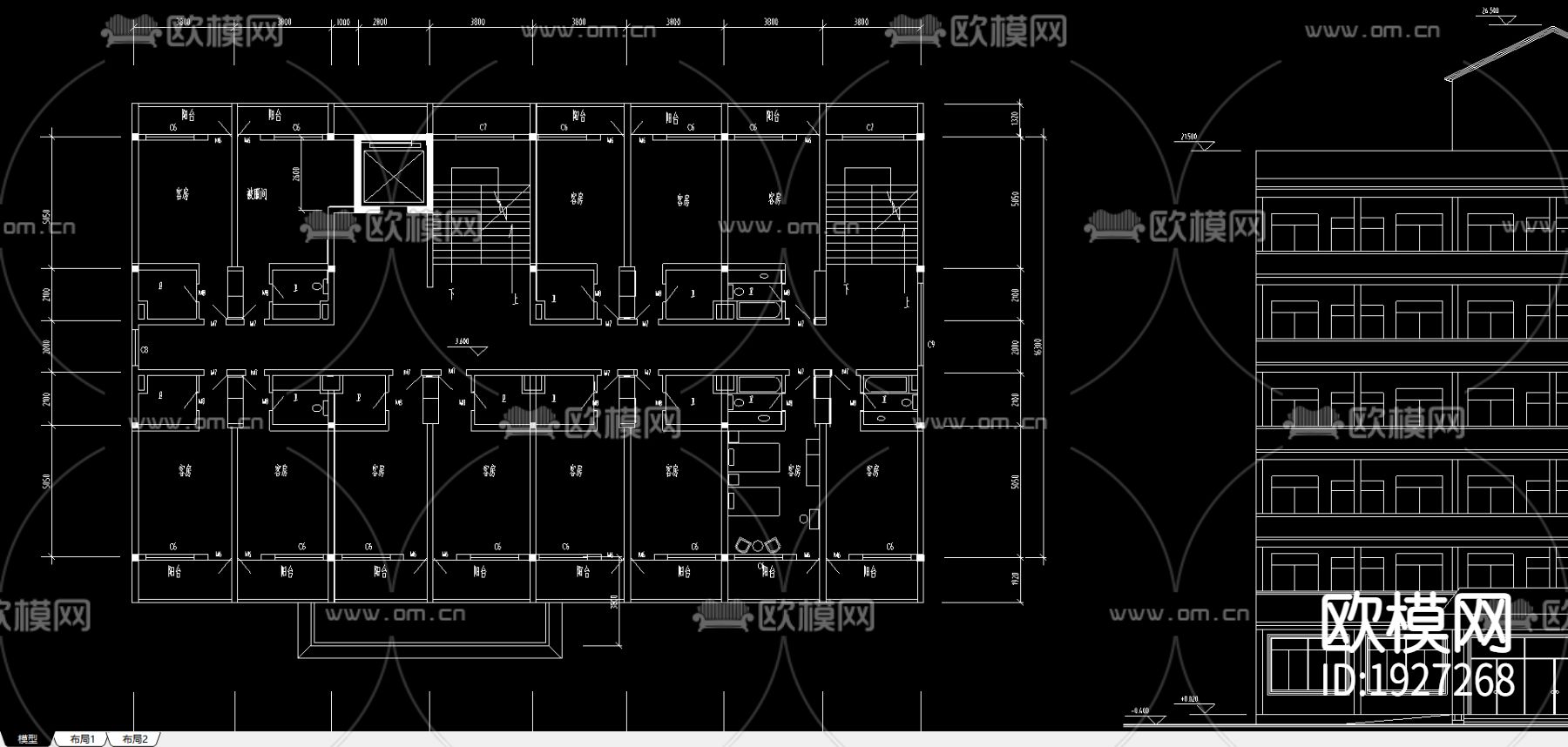 单位院内宾馆cad平面图下载（渲染图1）