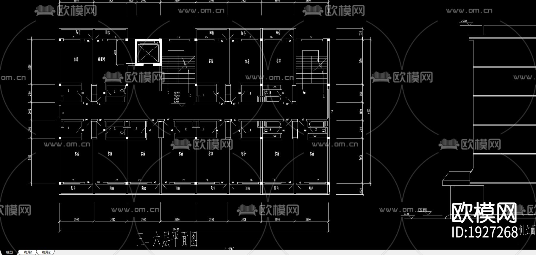 单位院内宾馆cad平面图下载（渲染图3）