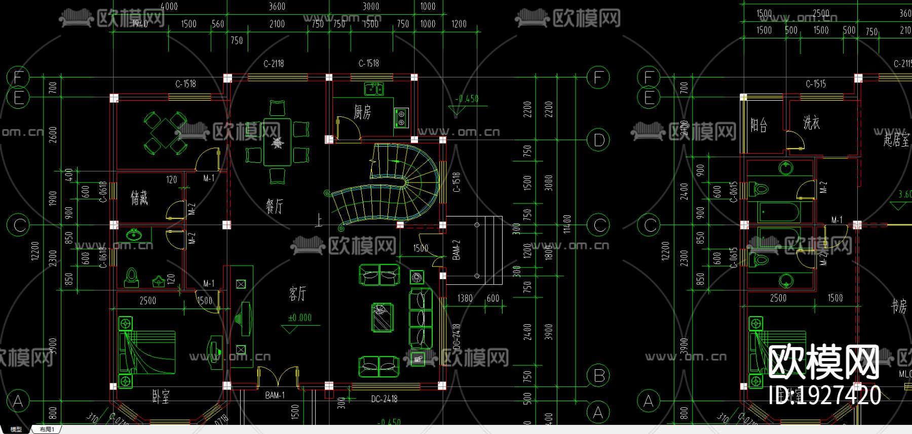 别墅cad平面布置图下载（渲染图2）