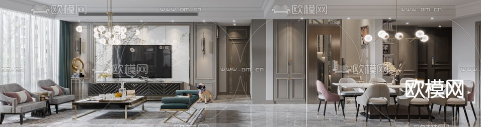美式轻奢客厅餐厅3d模型下载(渲染图4)