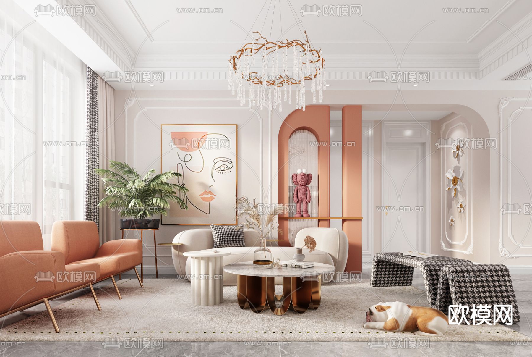 简欧布艺沙发组合3d模型下载（渲染图1）