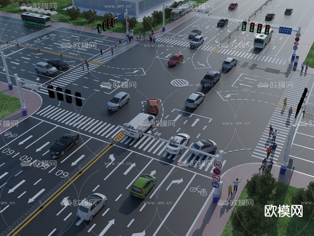 现代城市交通街道路口鸟瞰3d模型