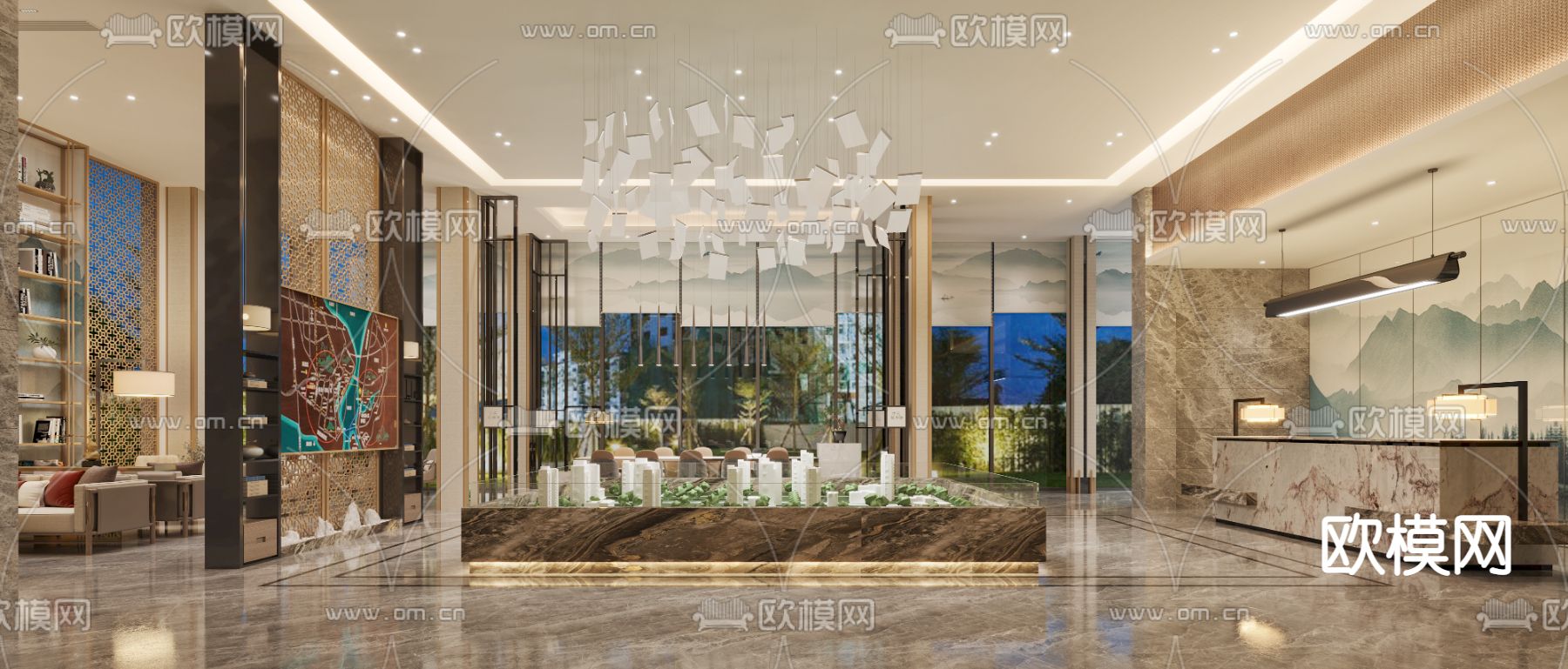 现代轻奢售楼处沙盘区3d模型下载（渲染图1）