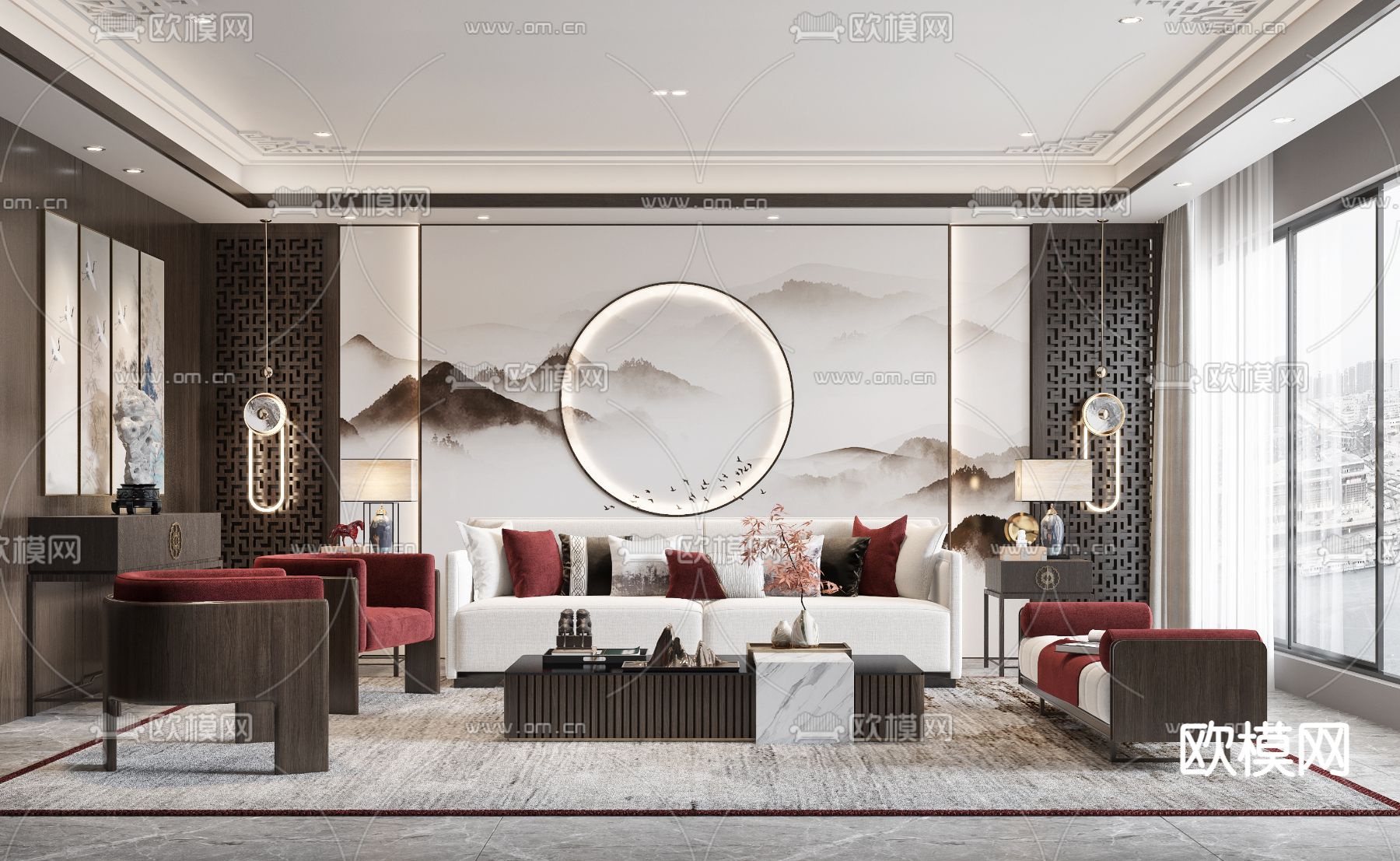 新中式布艺沙发组合3d模型下载（渲染图1）