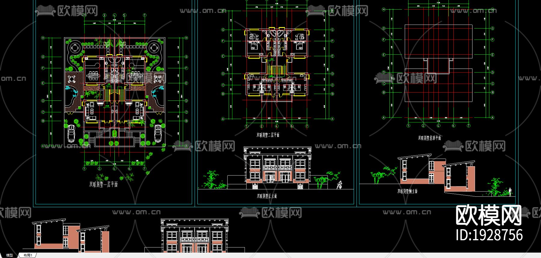 双联别墅cad平面图下载（渲染图2）