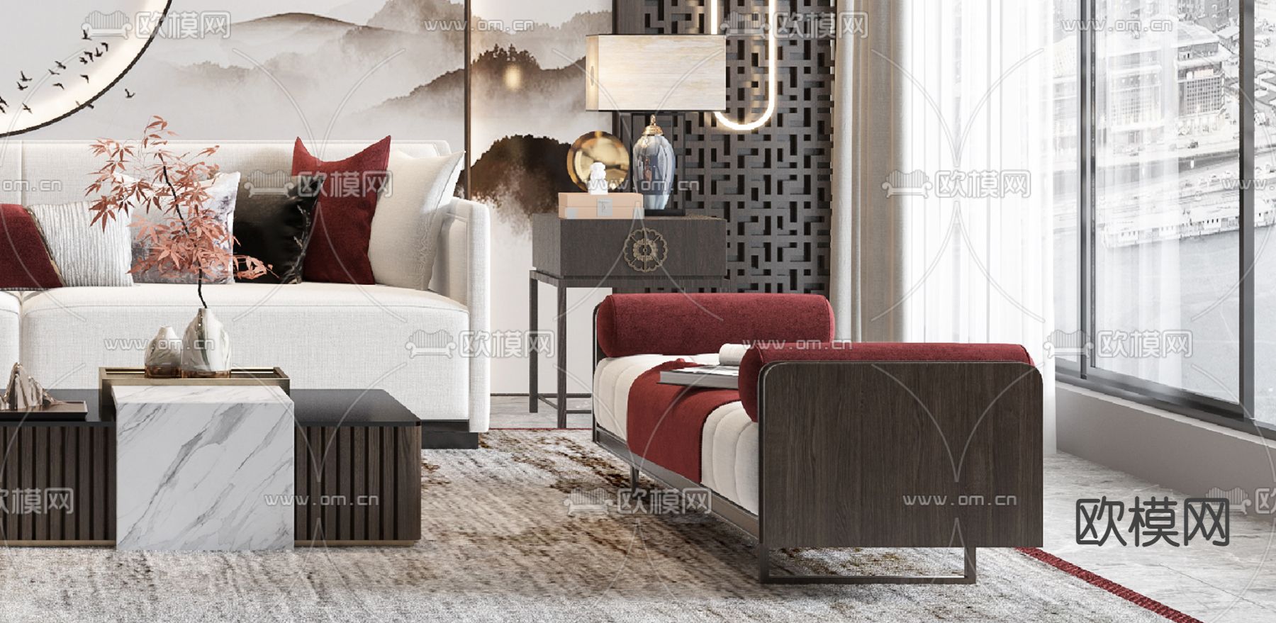 新中式布艺沙发组合3d模型下载（渲染图4）