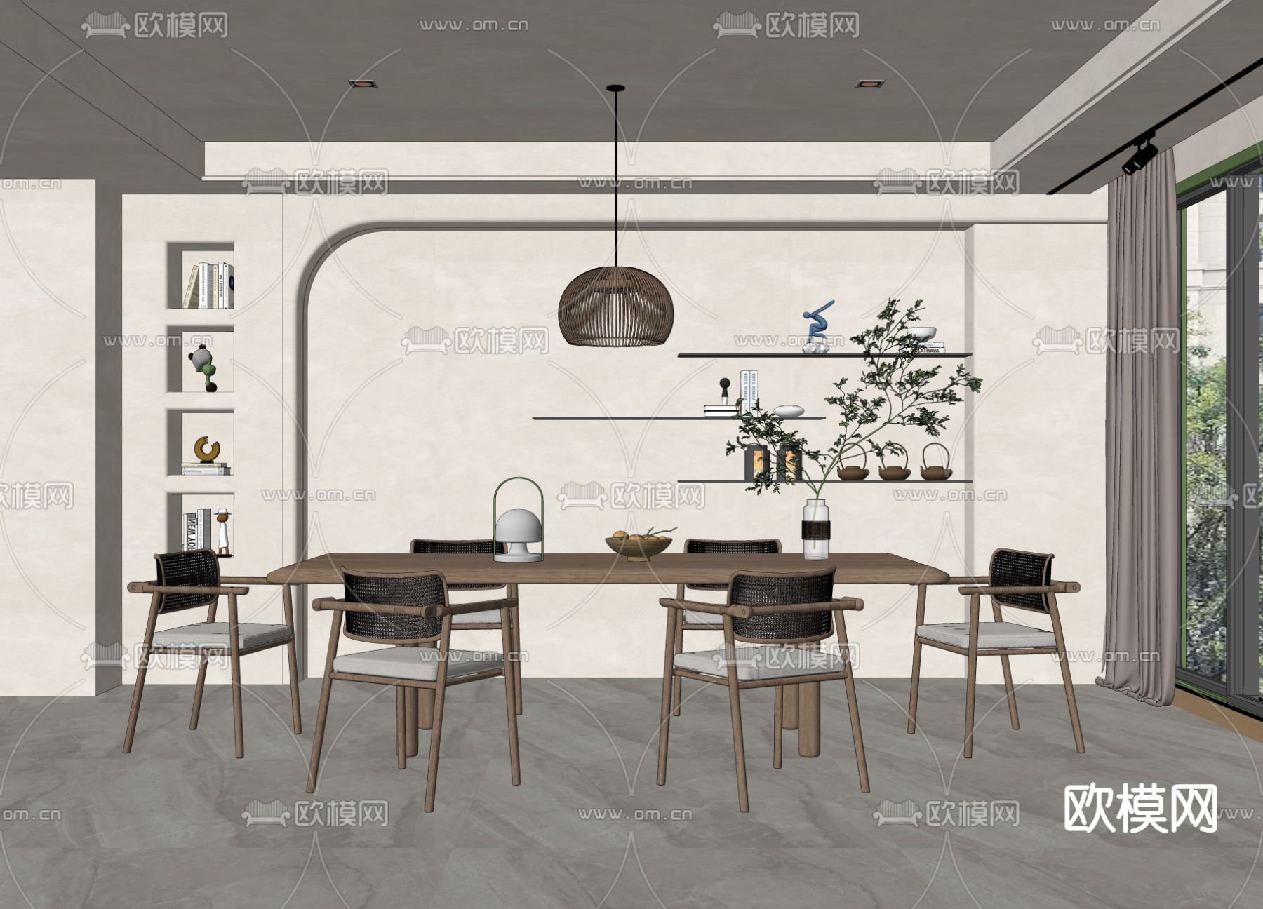 侘寂风实木餐桌椅su模型下载（渲染图2）