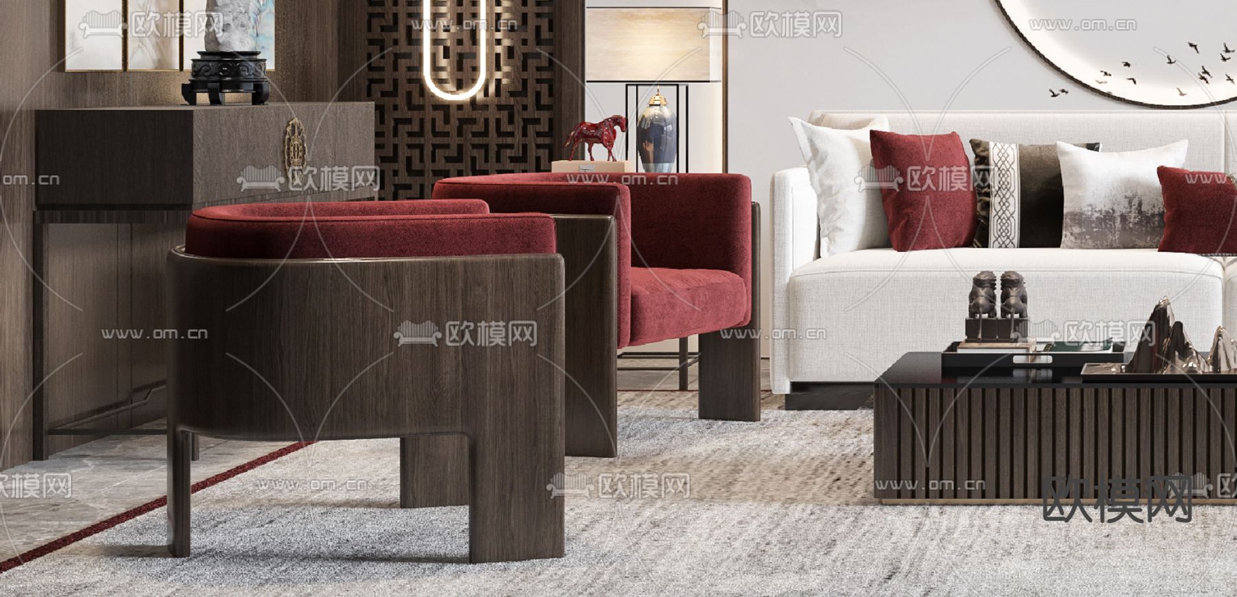新中式布艺沙发组合3d模型下载（渲染图2）