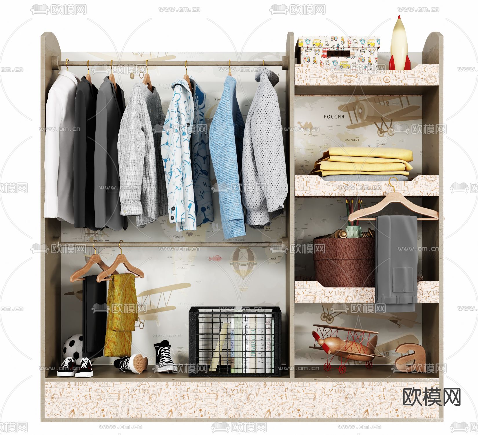 现代儿童衣柜收纳柜3d模型下载（渲染图1）