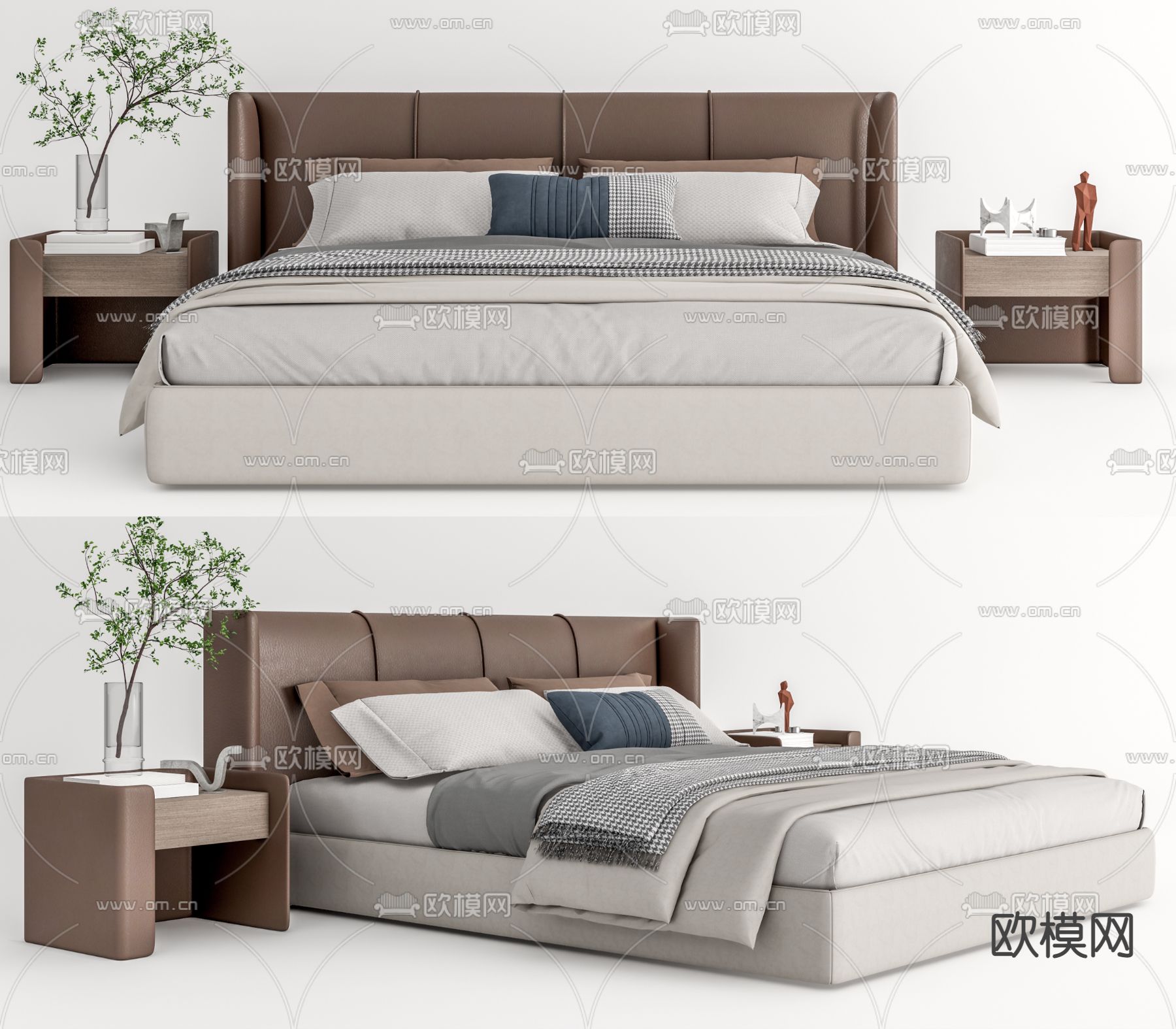 现代皮革双人床su模型下载（渲染图1）