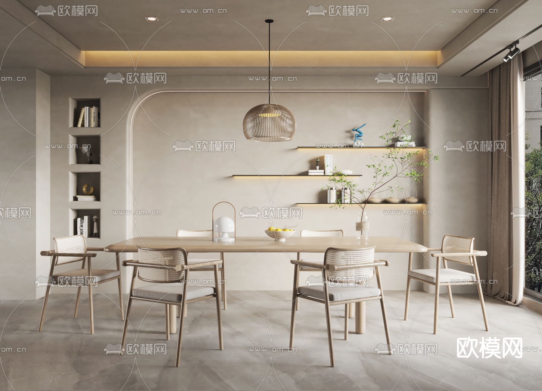 侘寂风实木餐桌椅su模型下载（渲染图1）