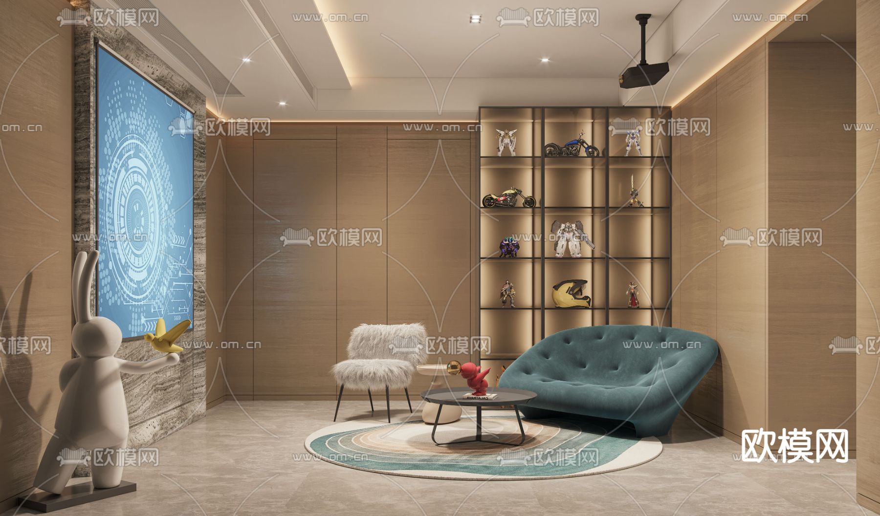 现代起居室视听室3d模型下载（渲染图1）