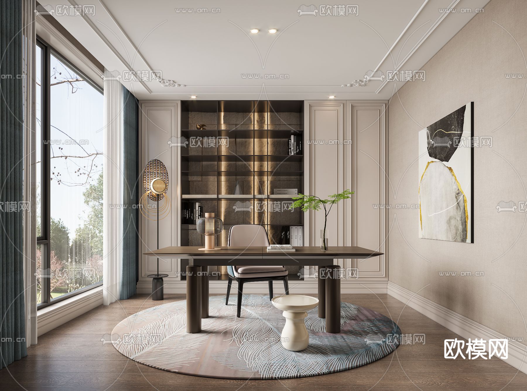 现代轻奢书房3d模型下载（渲染图1）