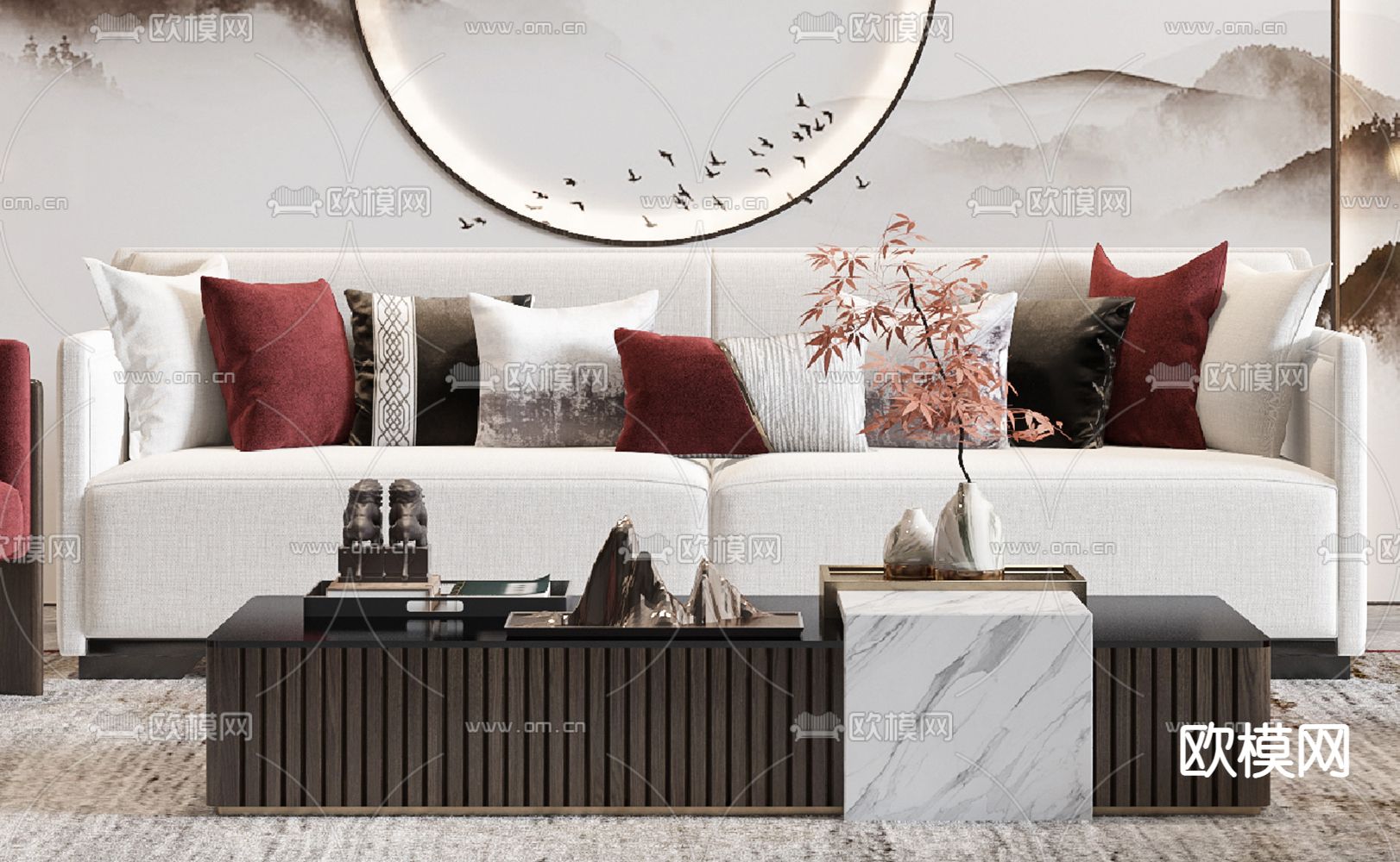 新中式布艺沙发组合3d模型下载（渲染图3）