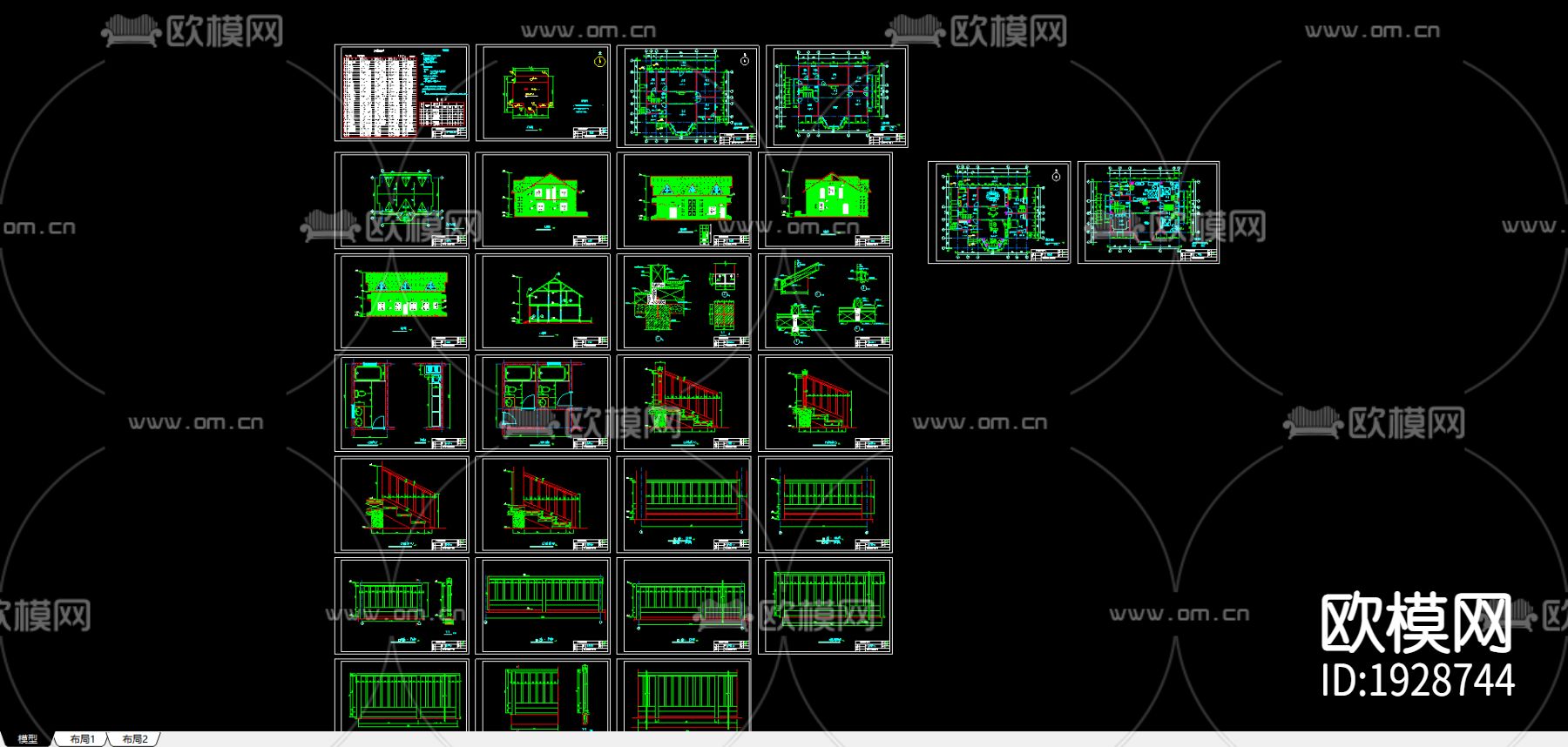 实木结构别墅cad大样图下载（渲染图3）