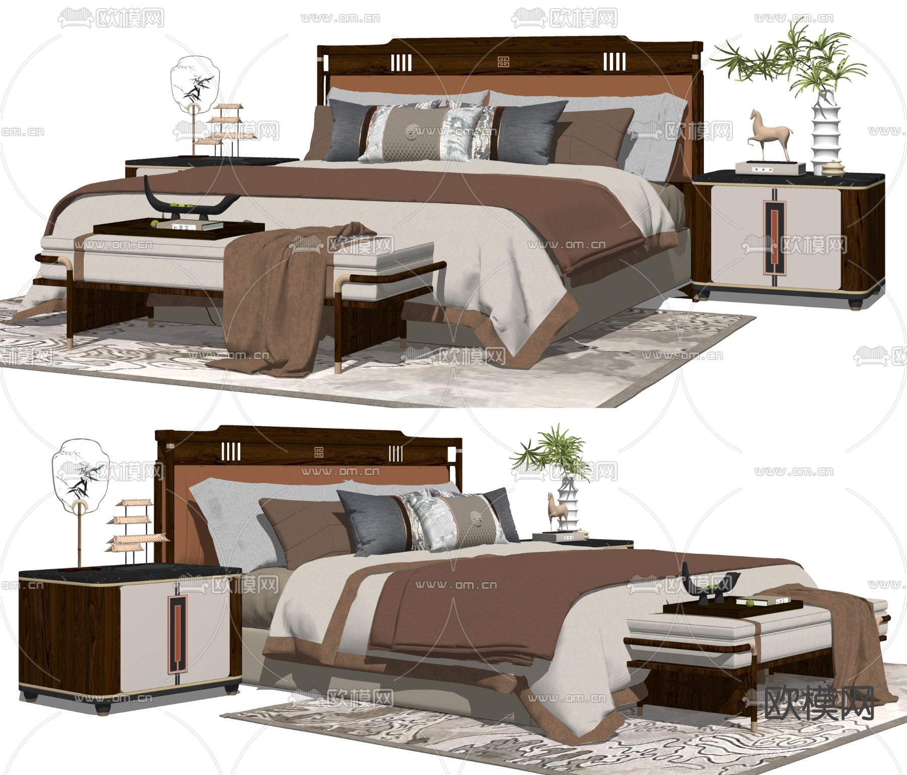 新中式双人床su模型下载（渲染图2）