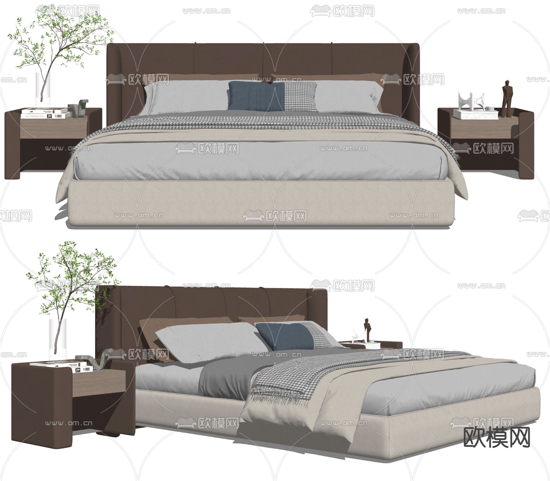 现代皮革双人床su模型下载（渲染图2）