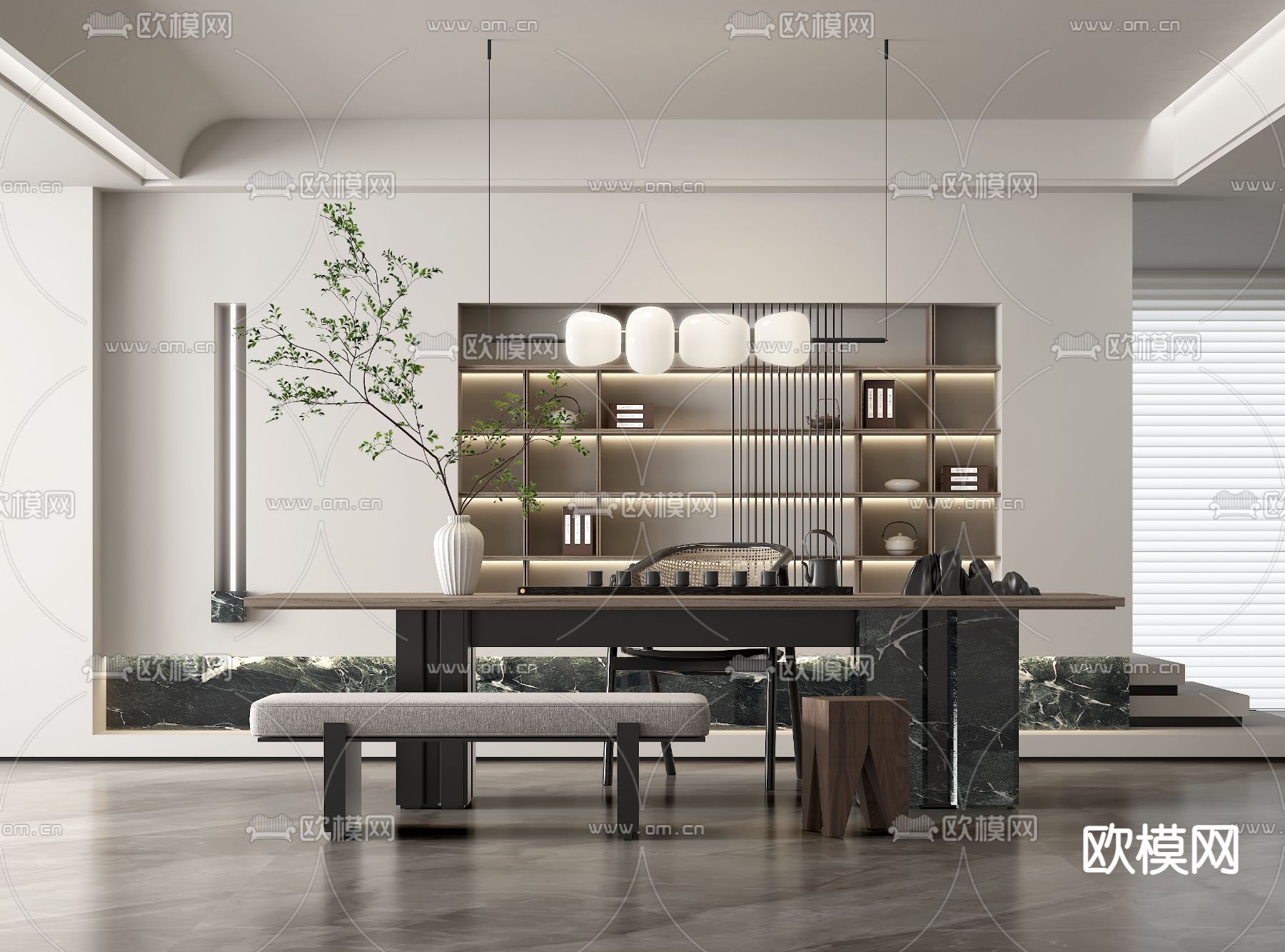 现代茶桌椅su模型下载（渲染图1）