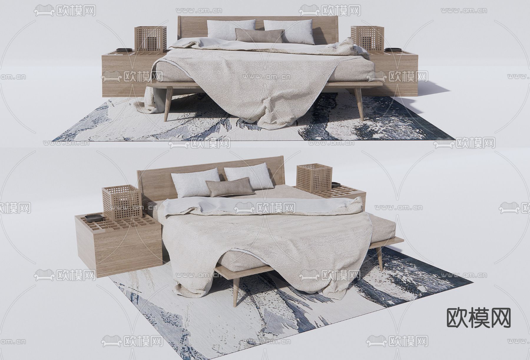 日式双人床su模型下载（渲染图1）