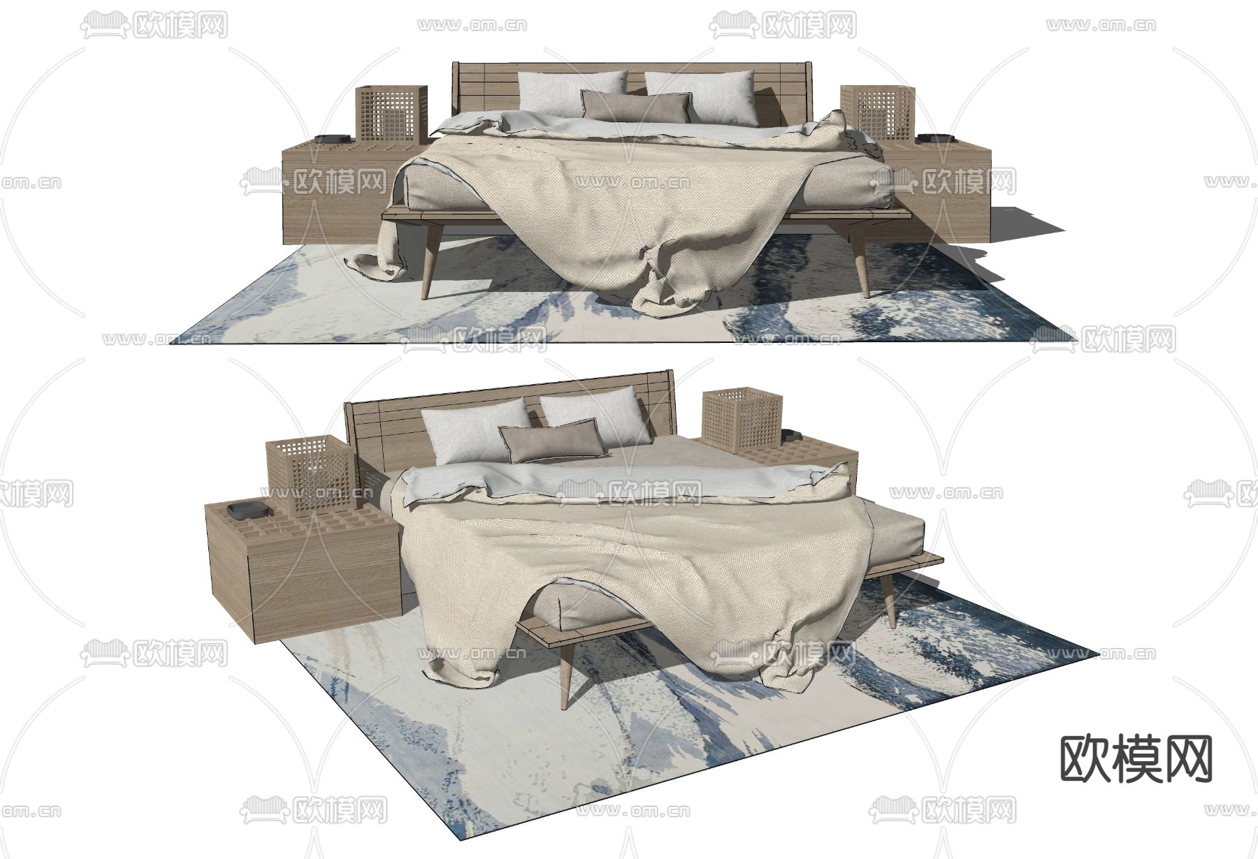 日式双人床su模型下载（渲染图2）