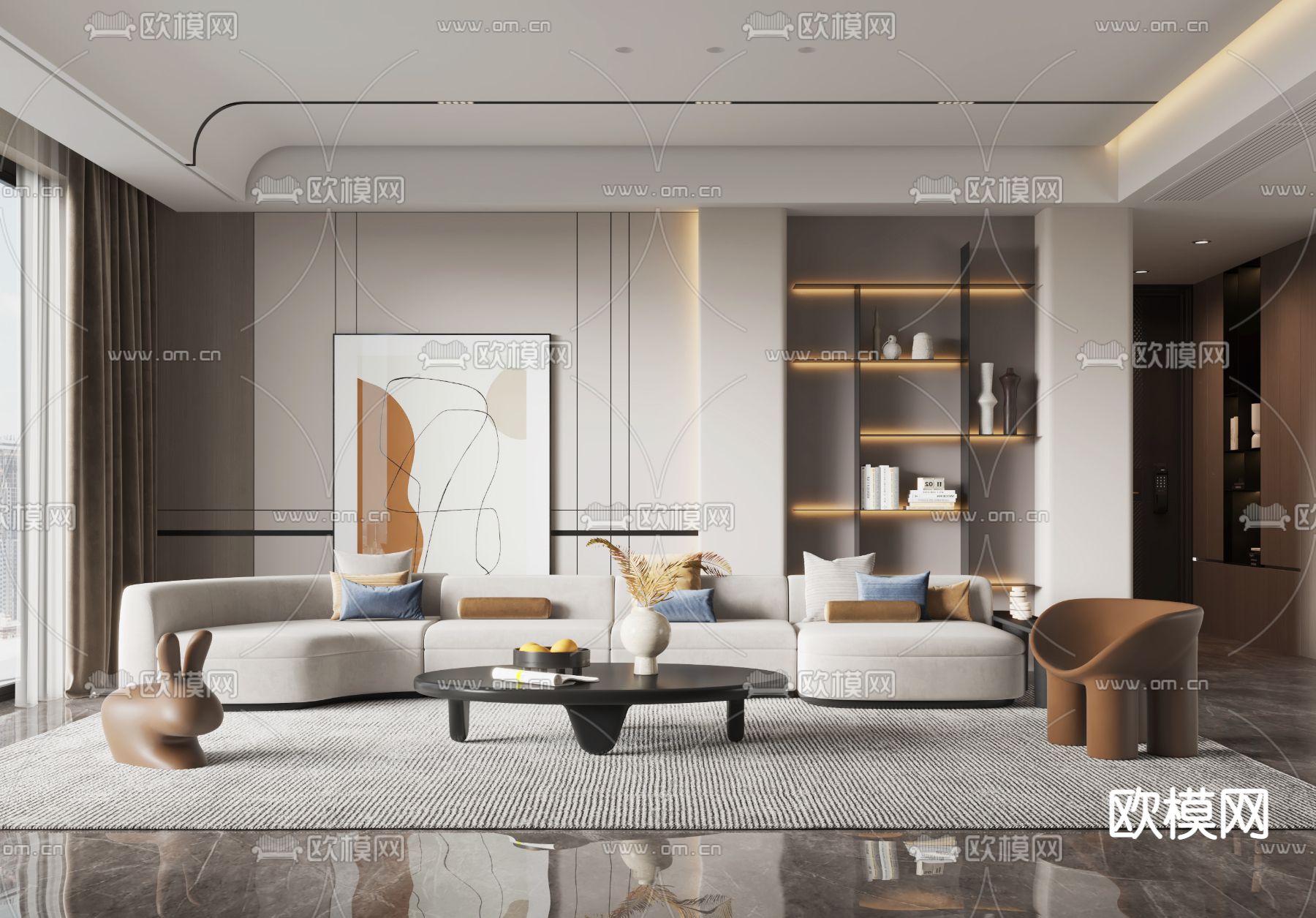 现代布艺沙发组合3d模型下载_ID11774864_3dmax免费模型-欧模网