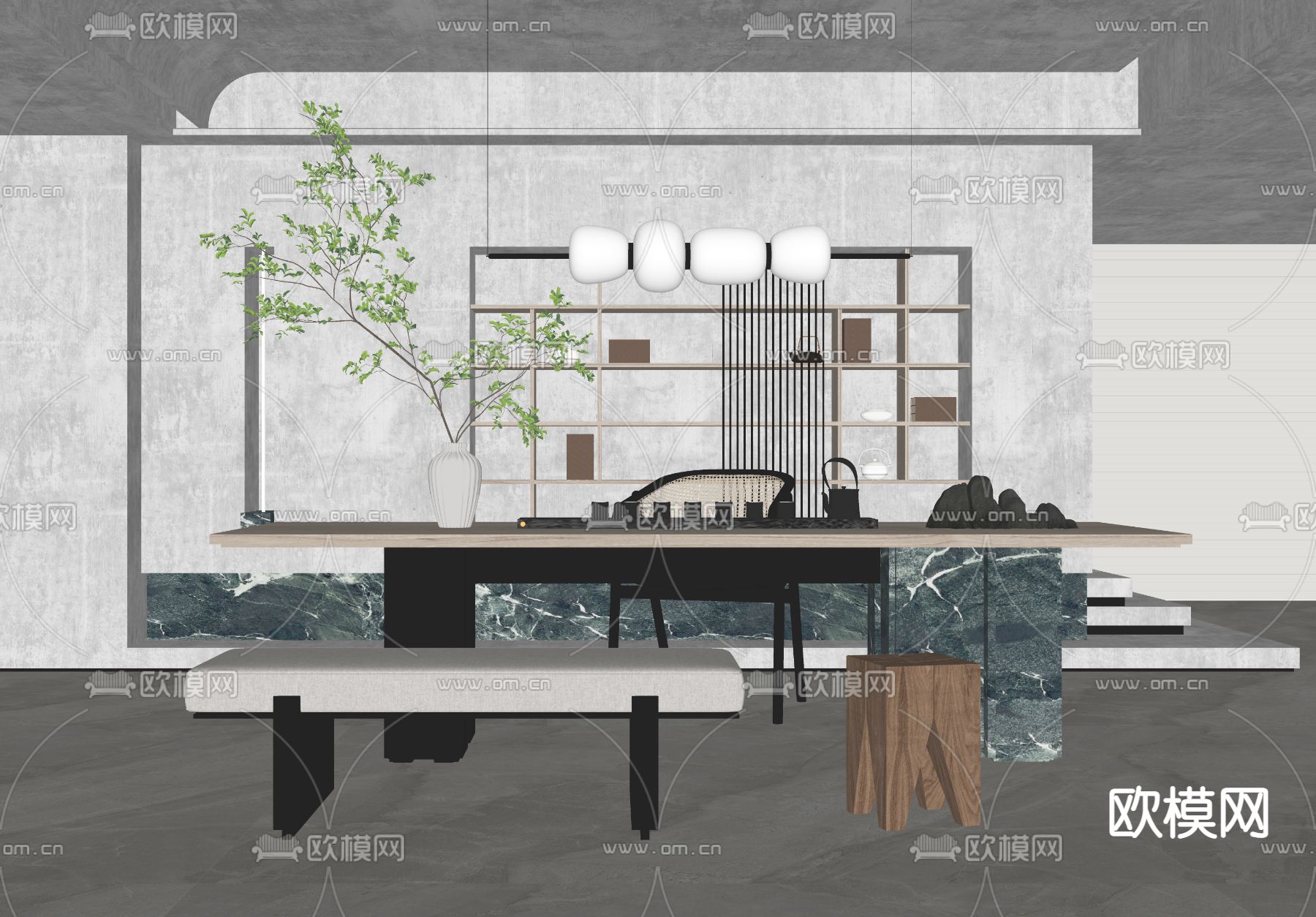 现代茶桌椅su模型下载（渲染图2）