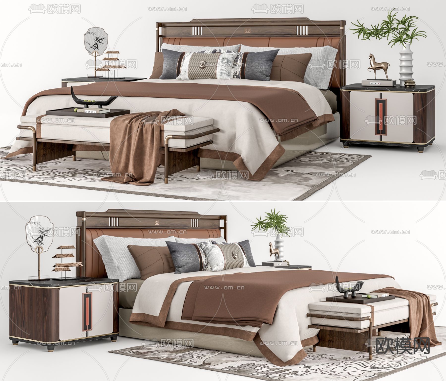 新中式双人床su模型下载（渲染图1）