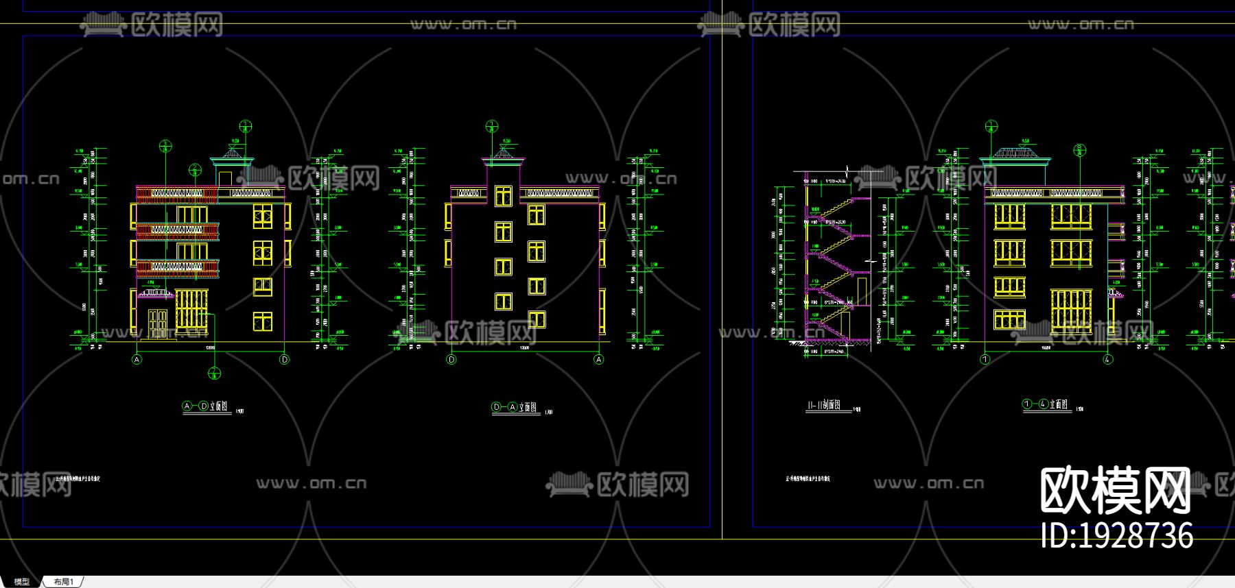 住宅楼cad立面图下载（渲染图2）