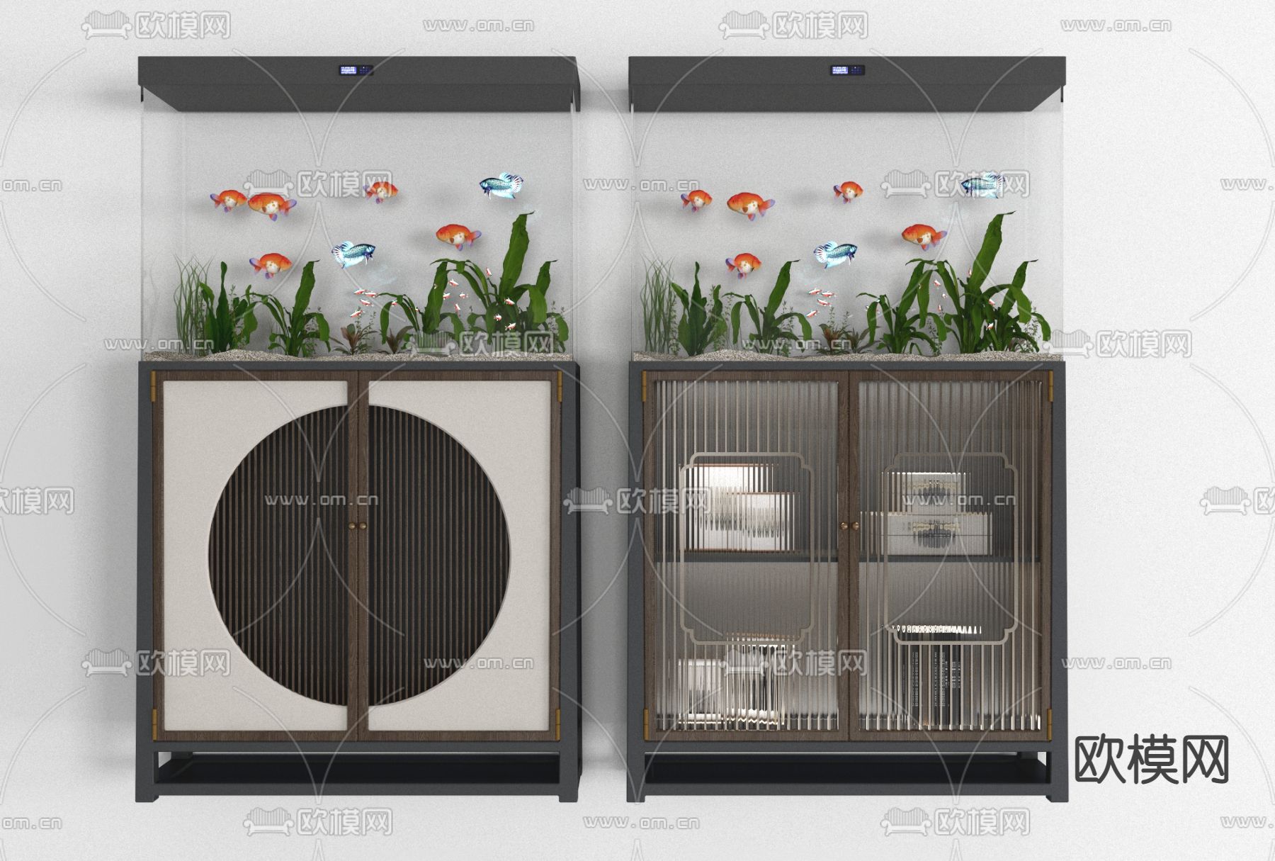 新中式一体式柜子鱼缸免费3d模型下载