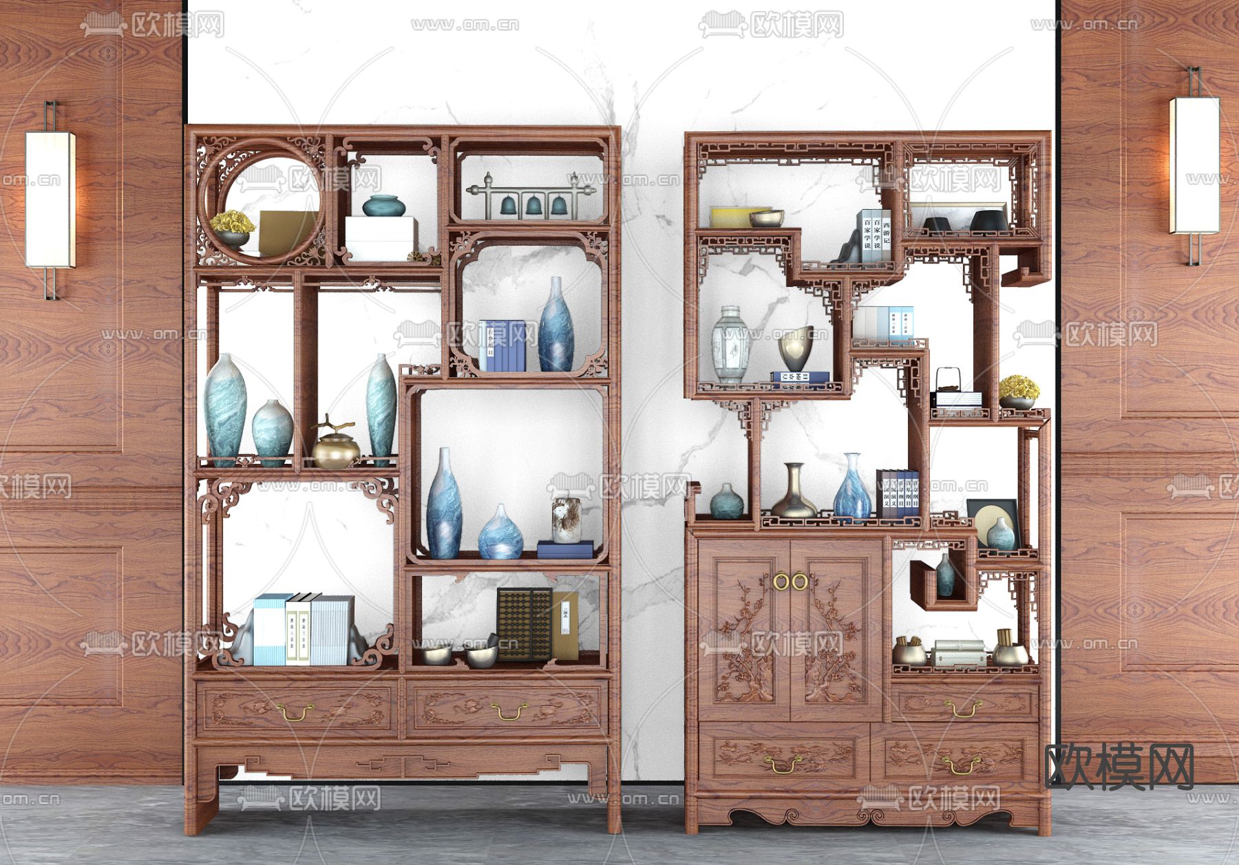 新中式实木博古架免费3d模型下载