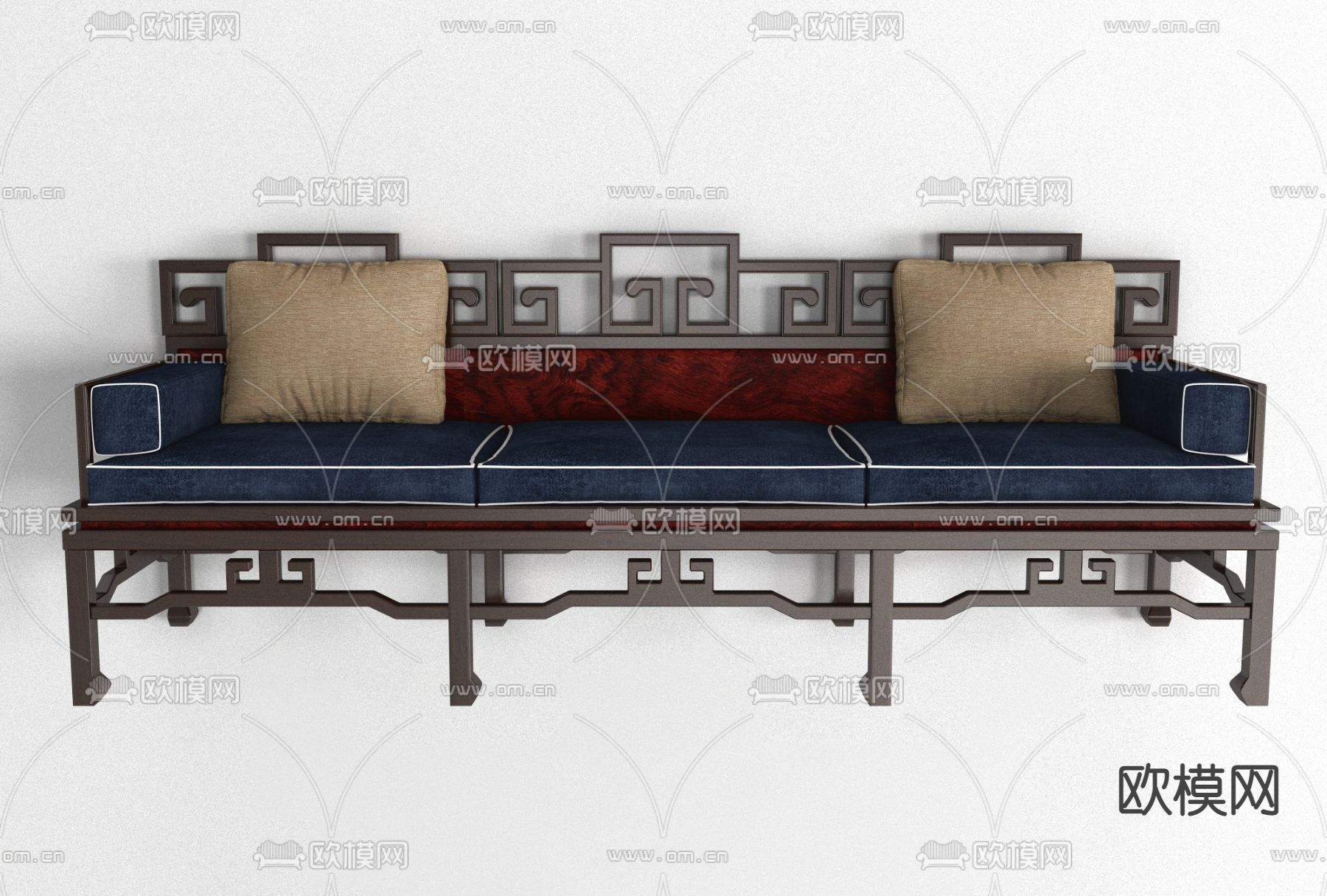 新中式布艺多人沙发免费3d模型下载