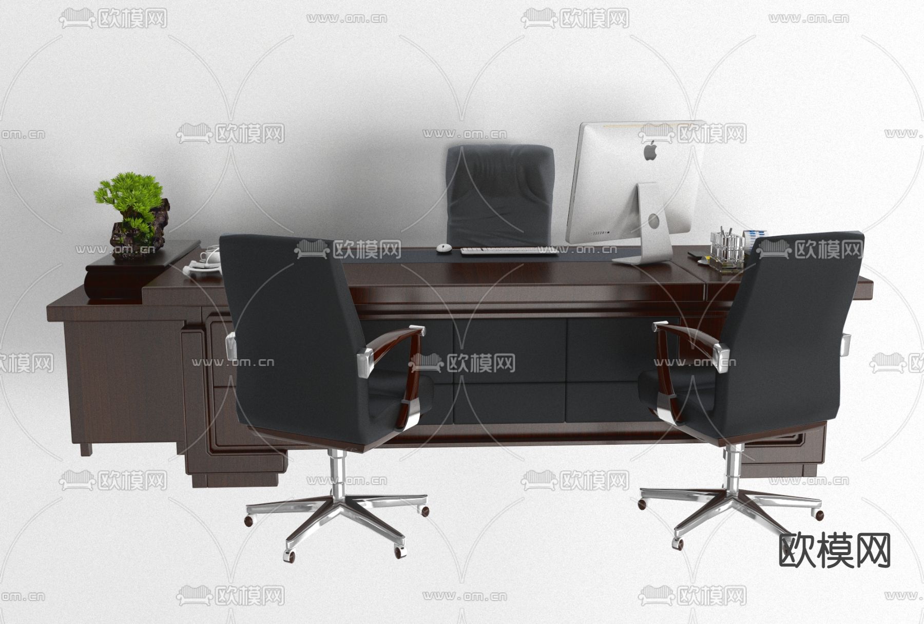 新中式办公班台桌椅免费3d模型下载