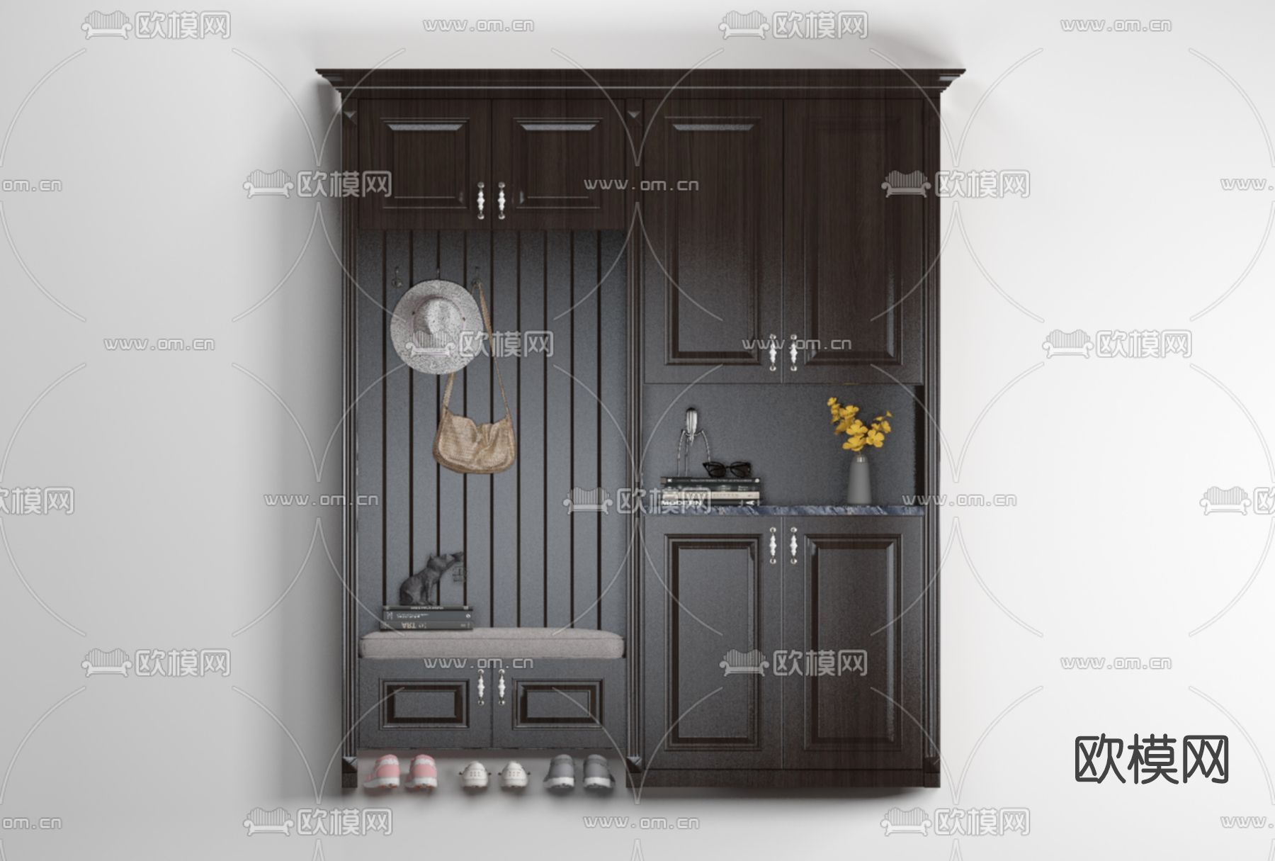 美式实木鞋柜免费3d模型下载