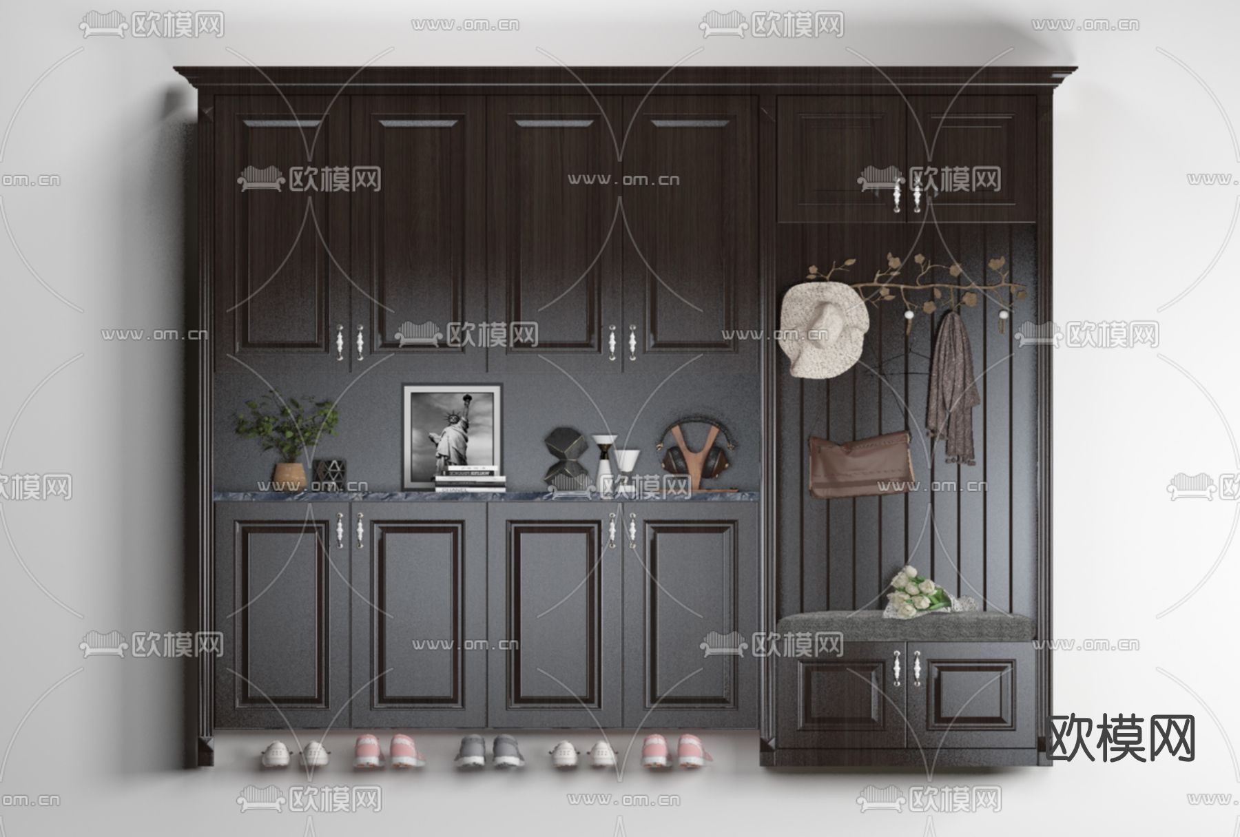 美式实木鞋柜免费3d模型下载