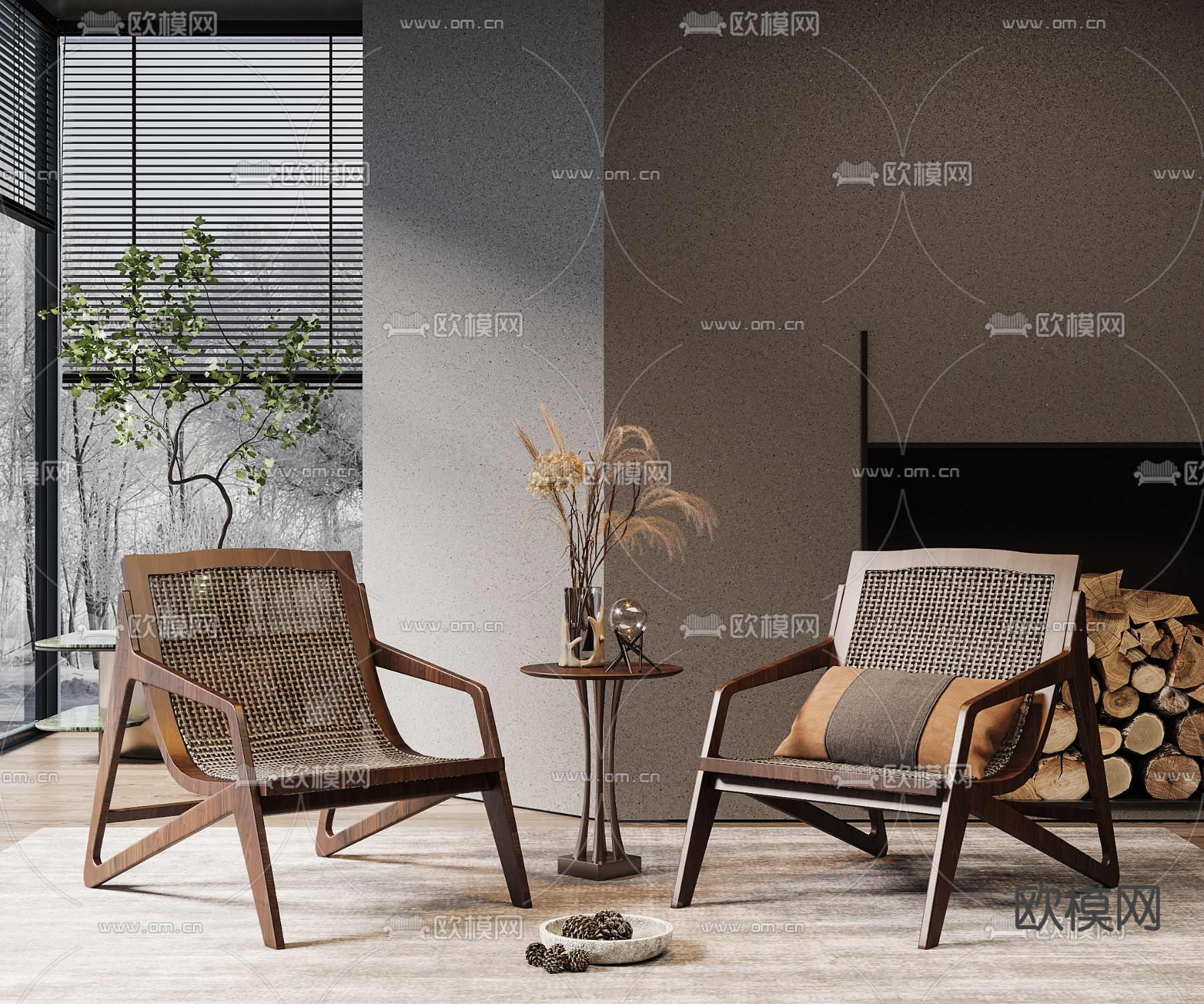 侘寂实木休闲椅3d模型下载（渲染图1）