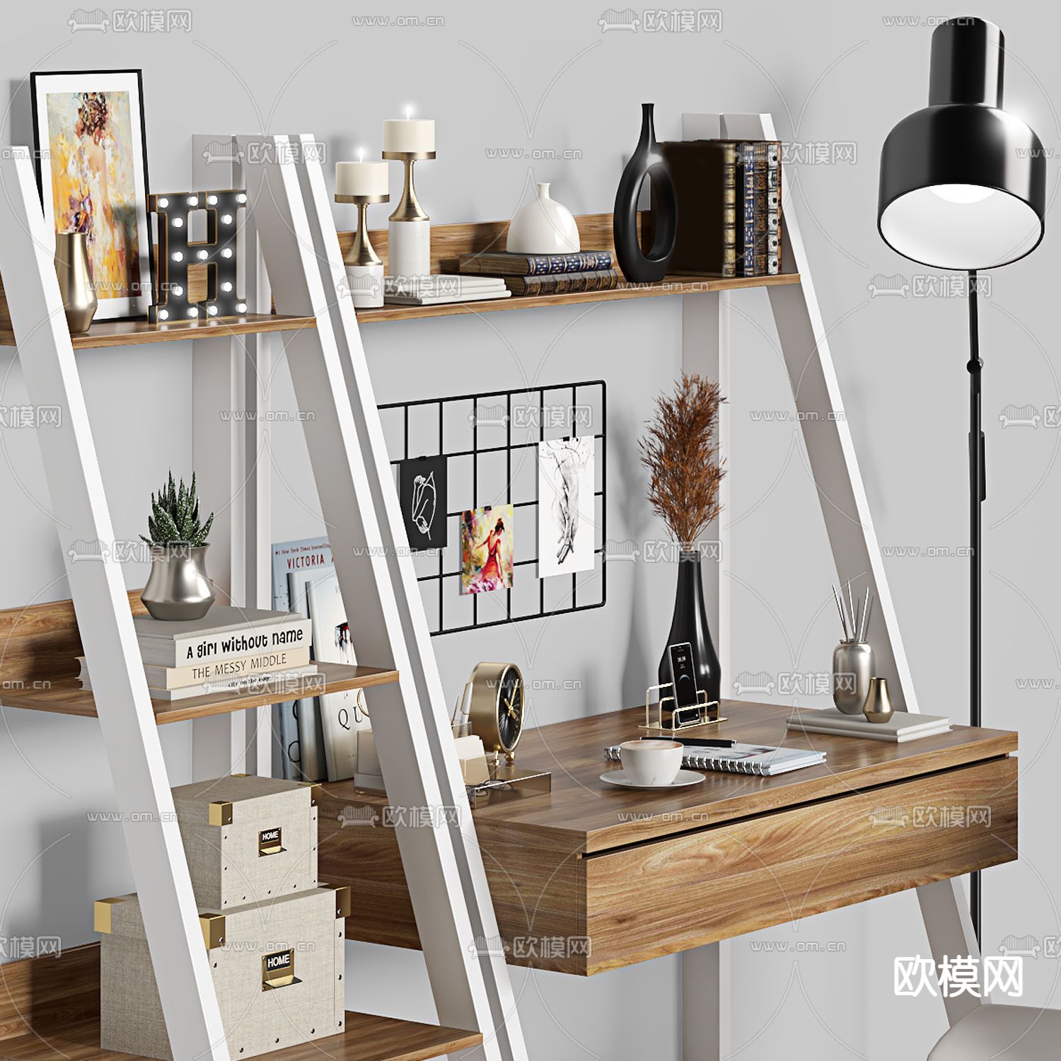 北欧原木书桌椅3d模型下载（渲染图2）