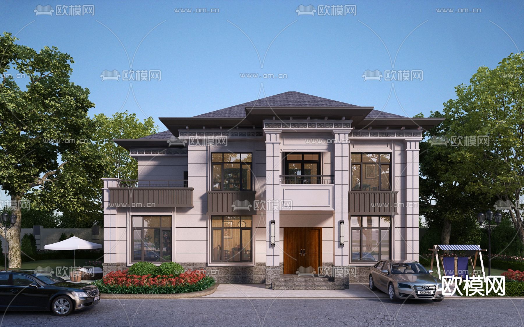 新中式独栋别墅外观3d模型下载