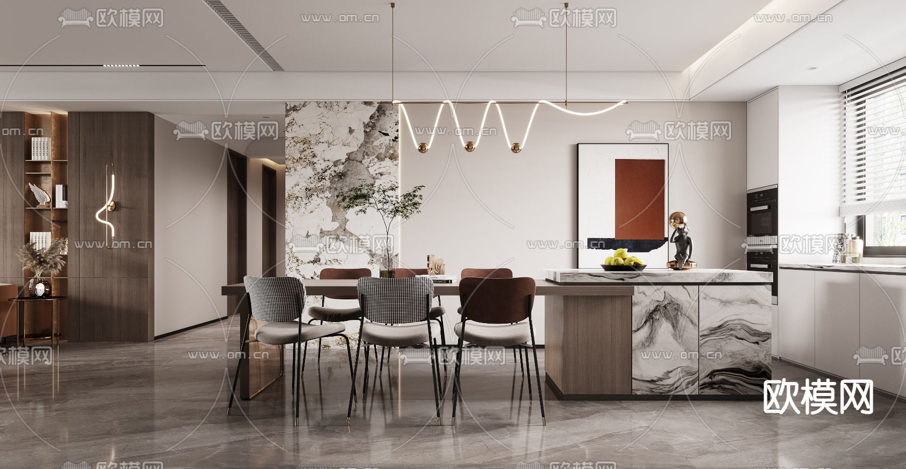 现代轻奢客厅餐厅3d模型下载（渲染图2）