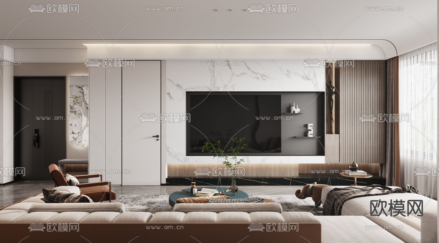 现代轻奢客厅餐厅3d模型下载（渲染图3）