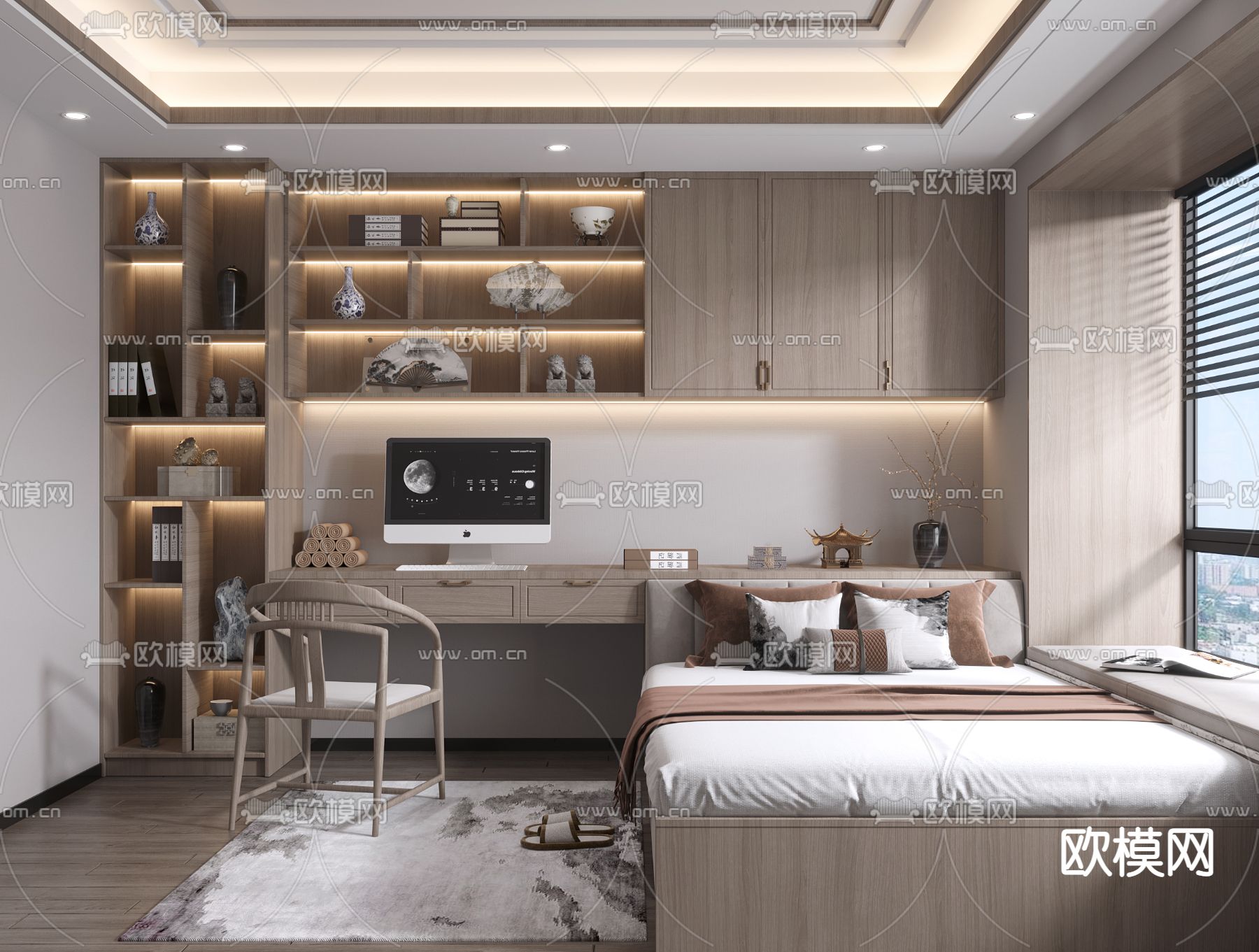 新中式榻榻米卧室3d模型下载