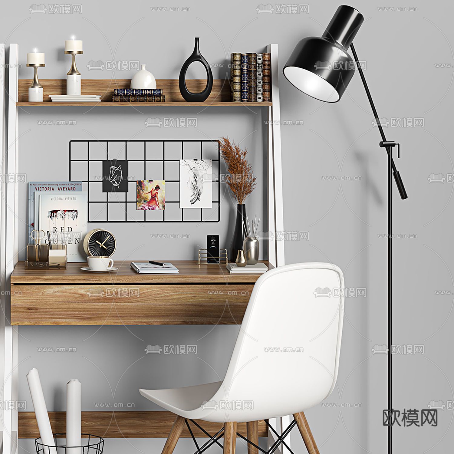 北欧原木书桌椅3d模型下载（渲染图3）