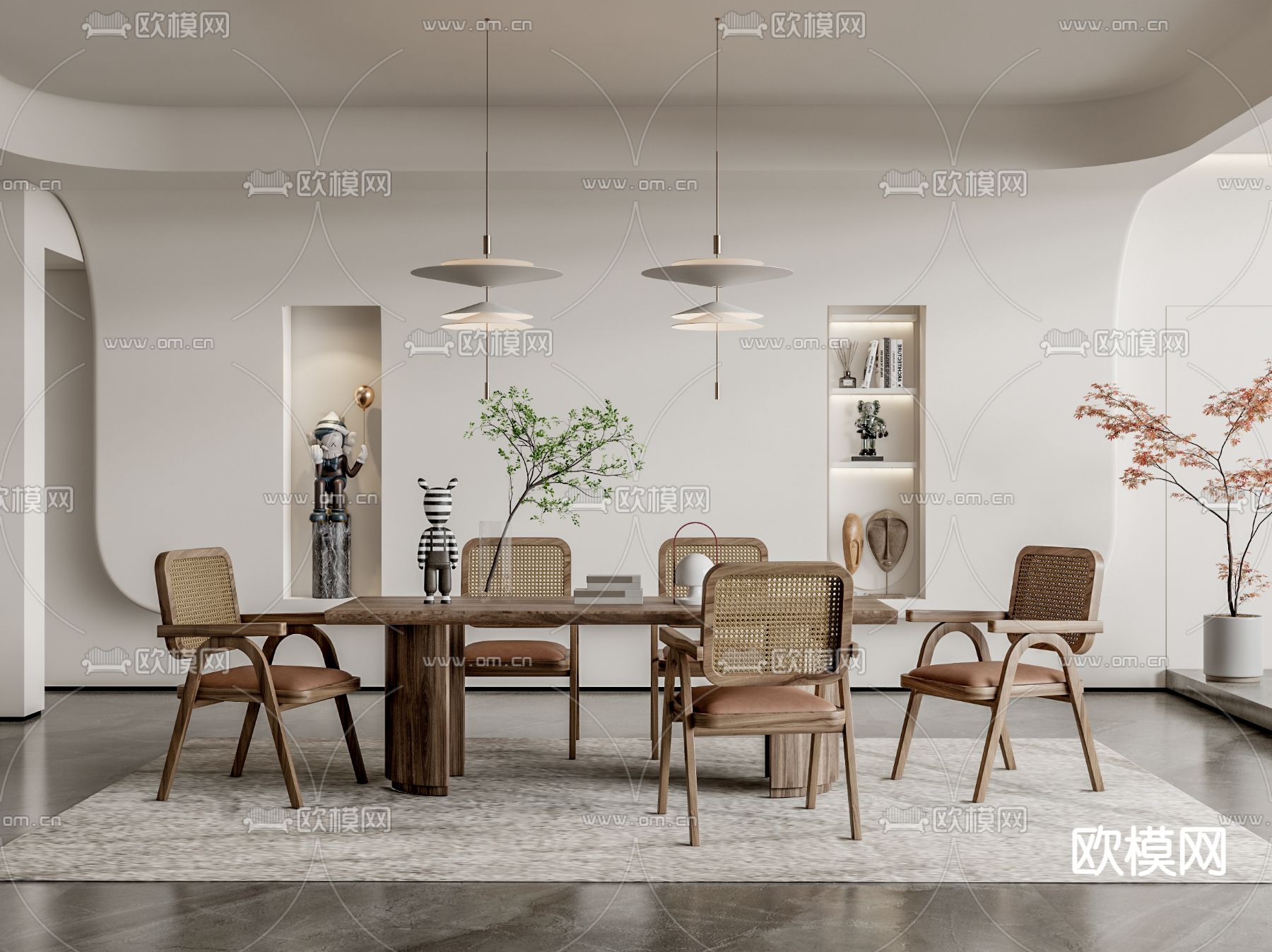 侘寂风实木餐桌椅su模型下载（渲染图1）