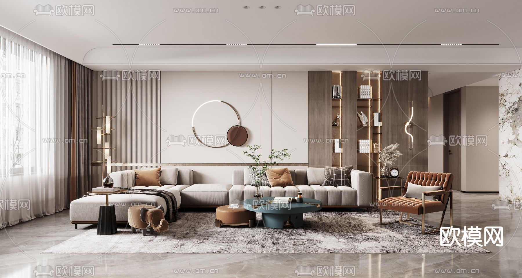 现代轻奢客厅餐厅3d模型下载（渲染图1）