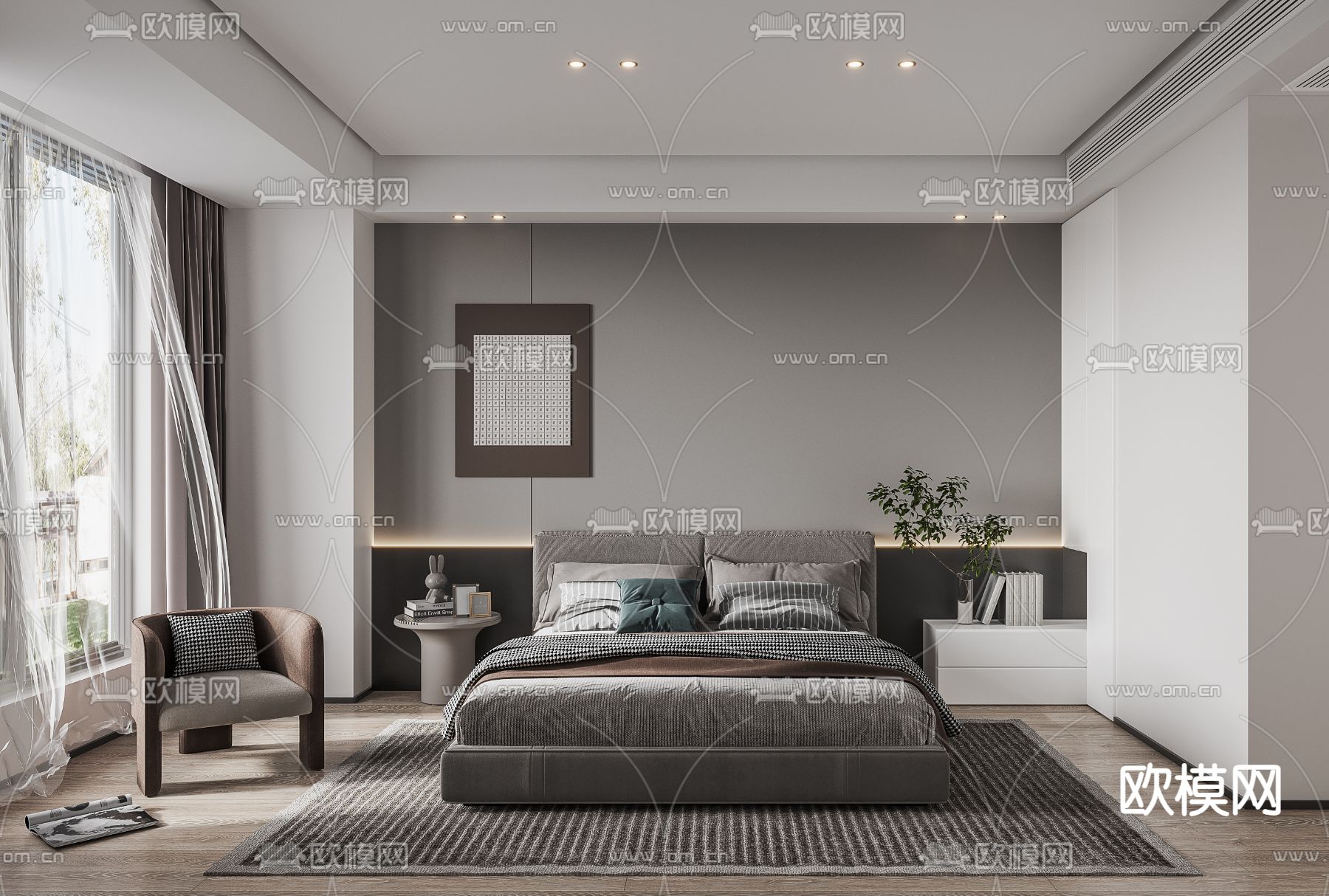 现代高级灰卧室主人房3d模型下载