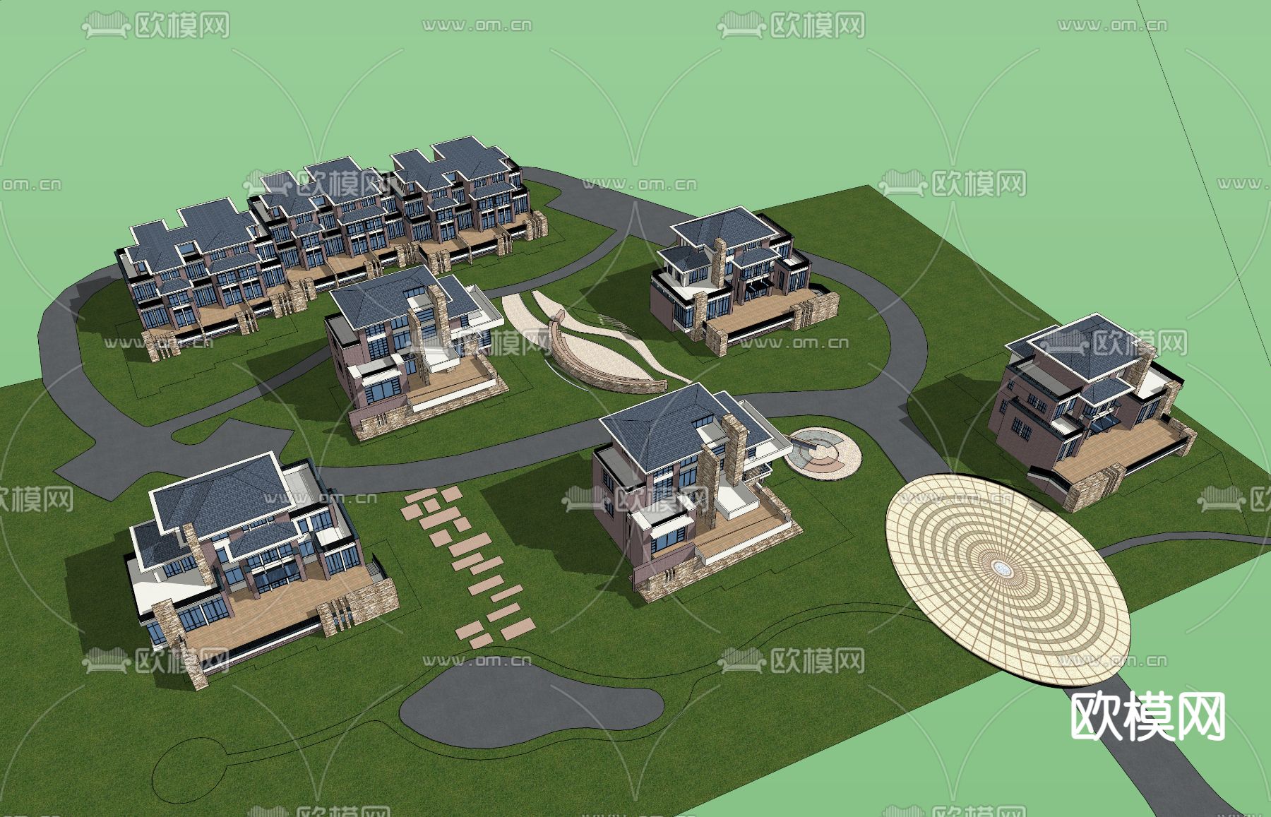 现代别墅区鸟瞰su模型下载（渲染图2）