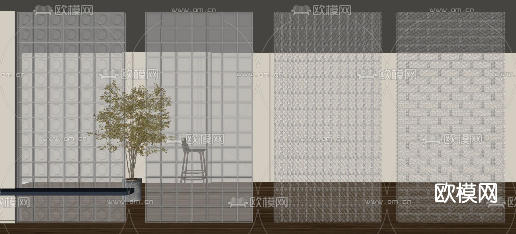 现代玻璃砖隔断su模型下载（渲染图2）
