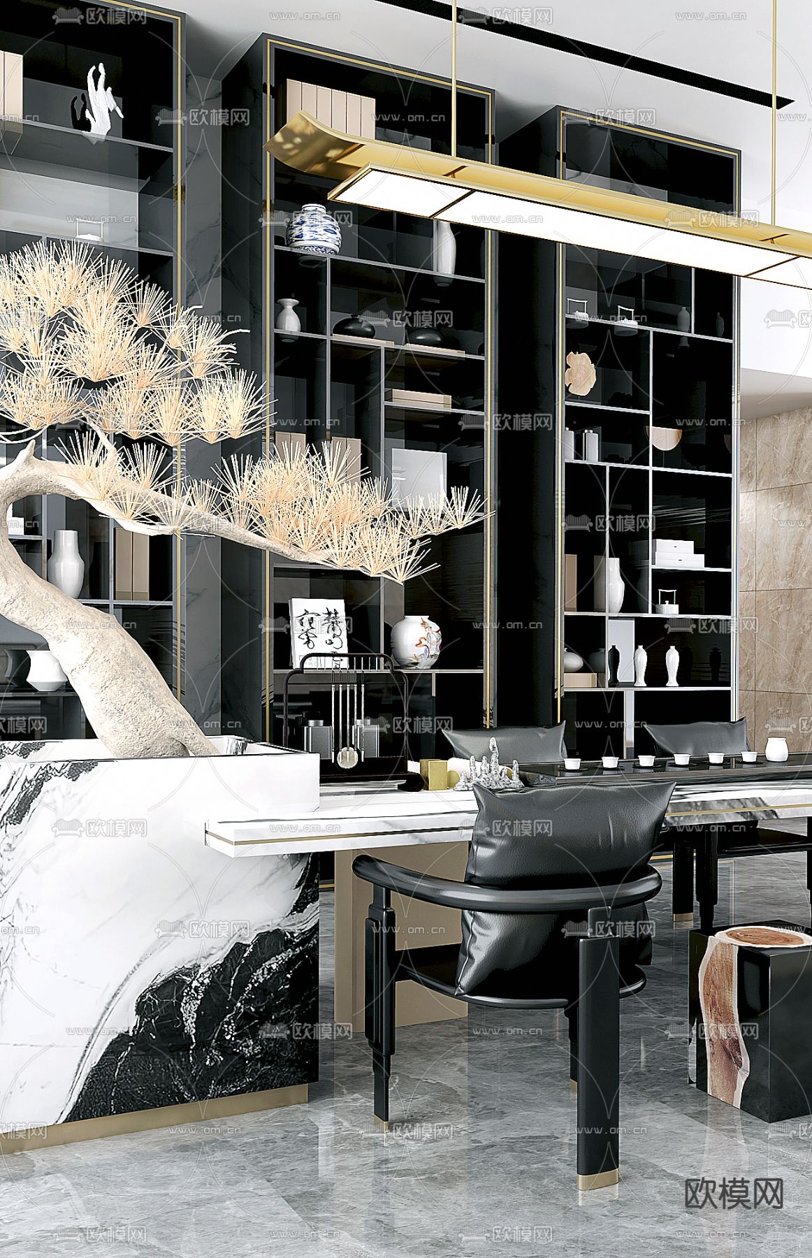 德坚设计 新中式售楼处洽谈区3d模型下载（渲染图1）