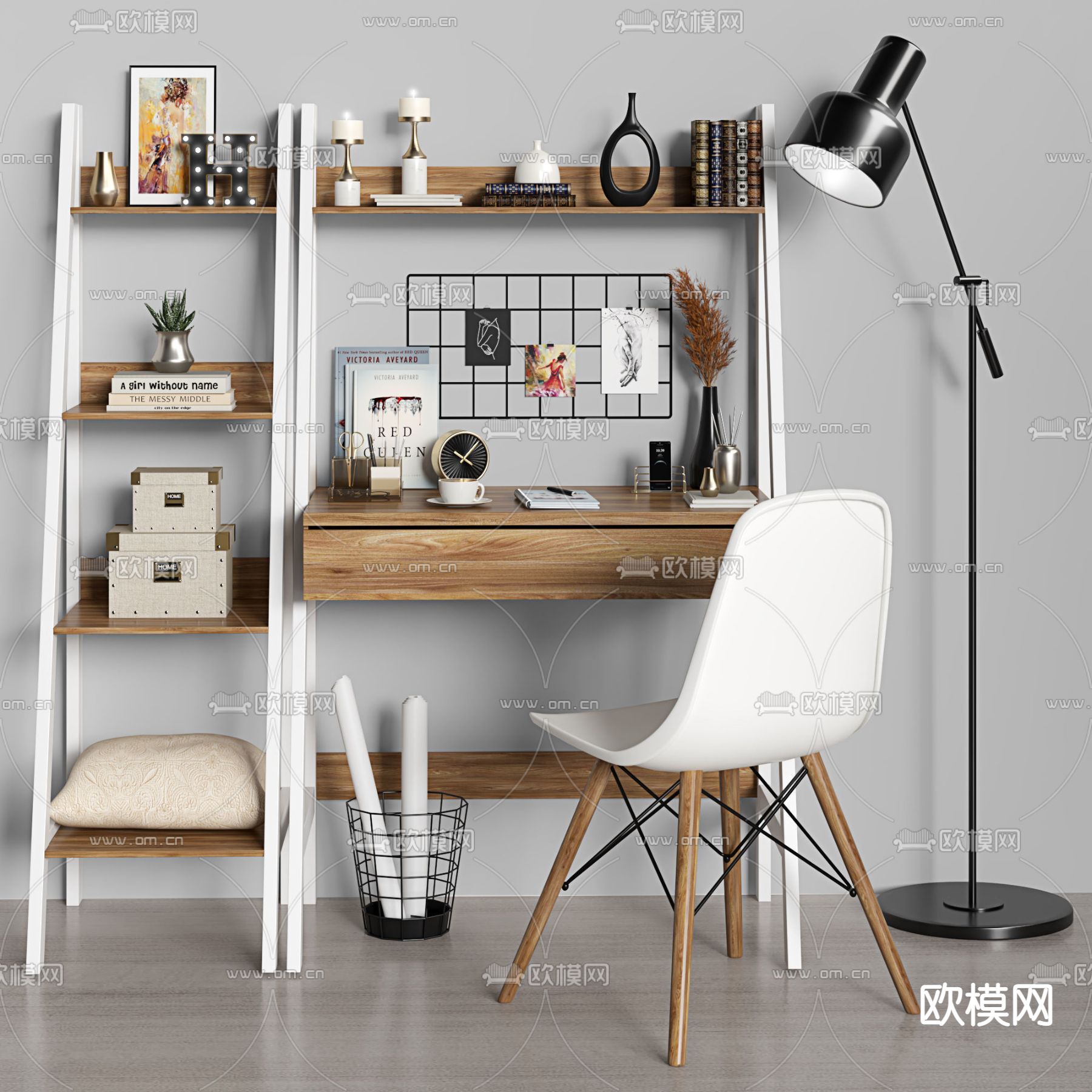 北欧原木书桌椅3d模型下载（渲染图1）