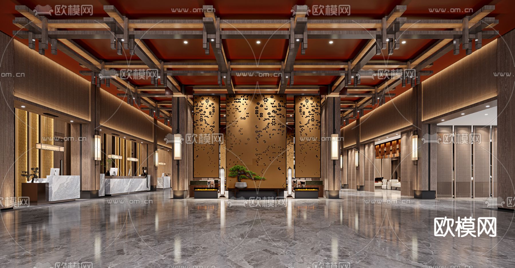 新中式酒店大堂3d模型下载（渲染图1）