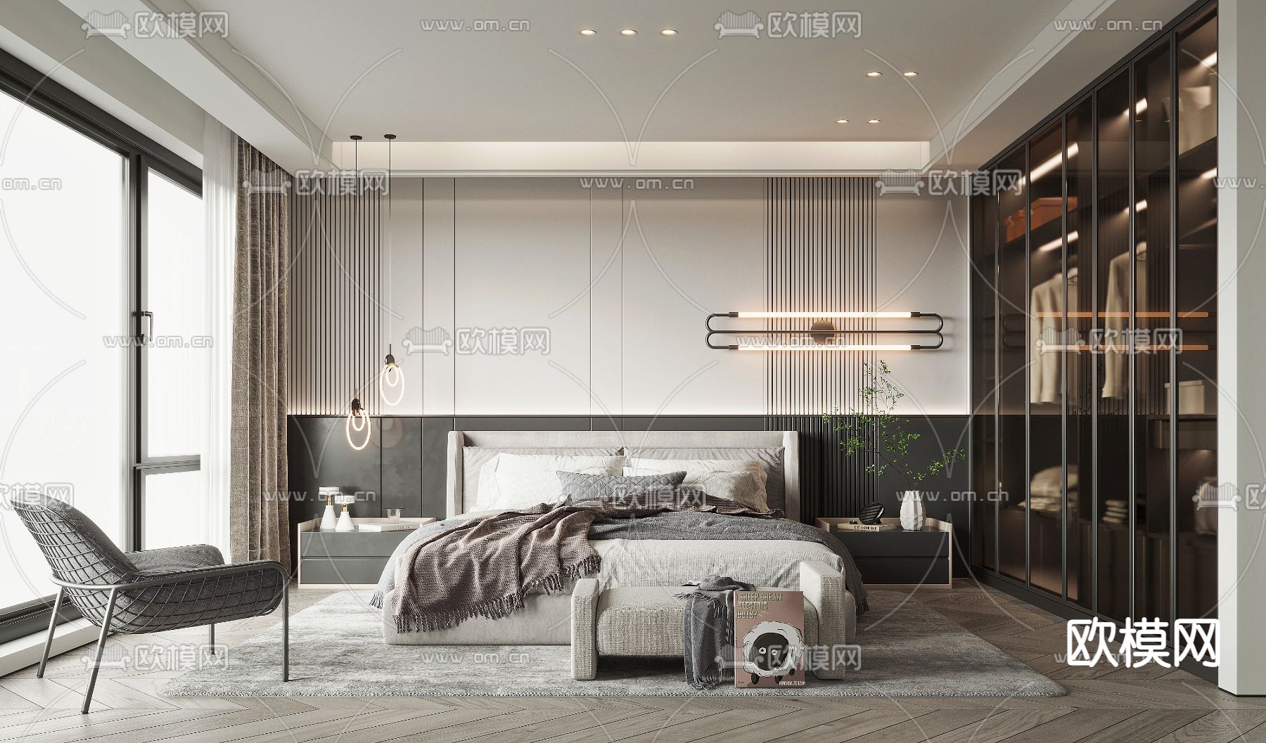现代高级灰卧室3d模型下载（渲染图1）